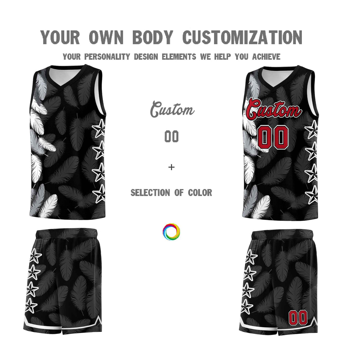 Custom Youth Basketball Jersey Black Red Feather Series Sports Uniform
