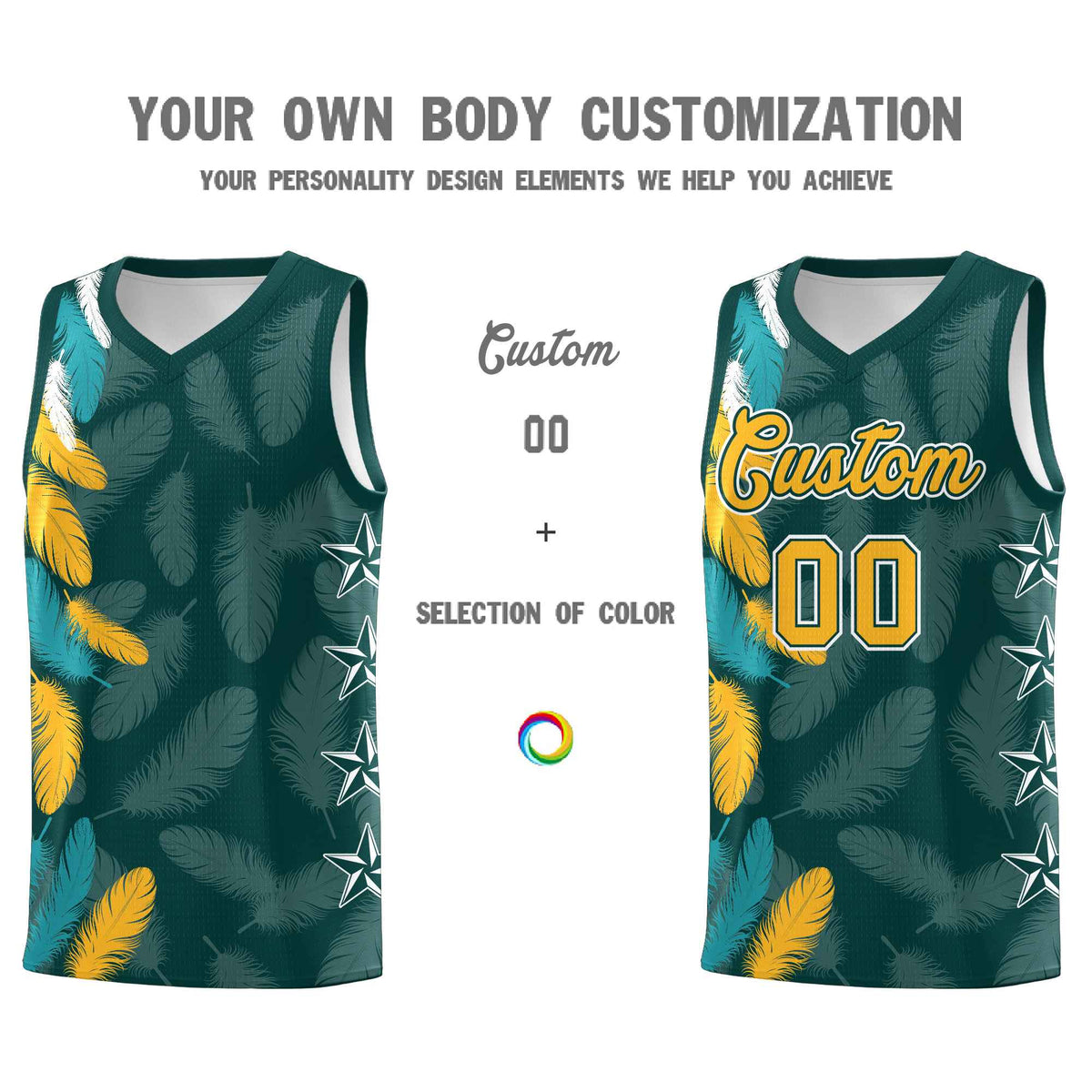Custom Youth Basketball Jersey Midnight Green Gold Feather Series Sports Uniform