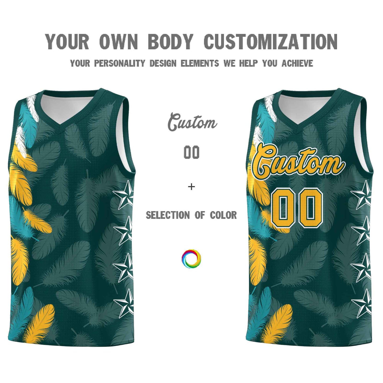 Custom Youth Basketball Jersey Midnight Green Gold Feather Series Sports Uniform