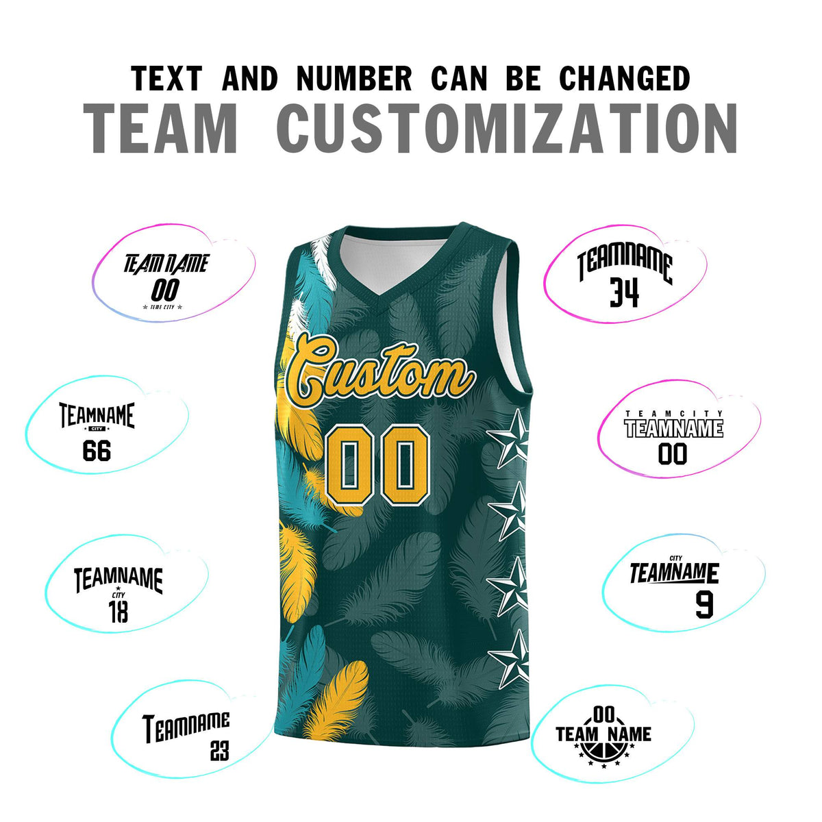 Custom Youth Basketball Jersey Midnight Green Gold Feather Series Sports Uniform