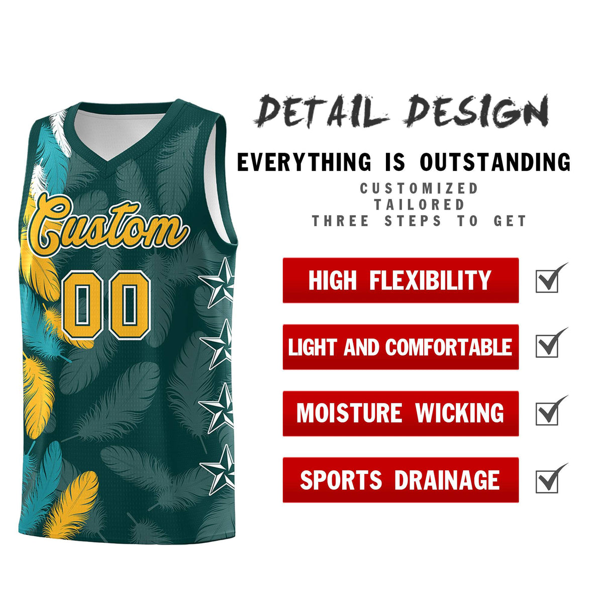 Custom Youth Basketball Jersey Midnight Green Gold Feather Series Sports Uniform