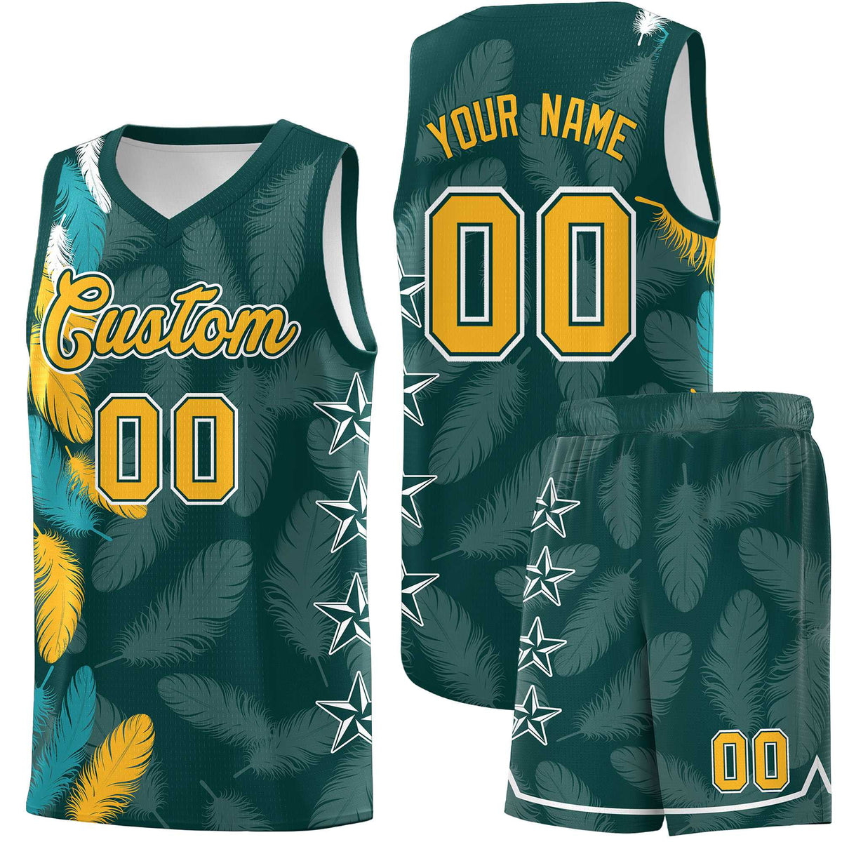 Custom Youth Basketball Jersey Midnight Green Gold Feather Series Sports Uniform