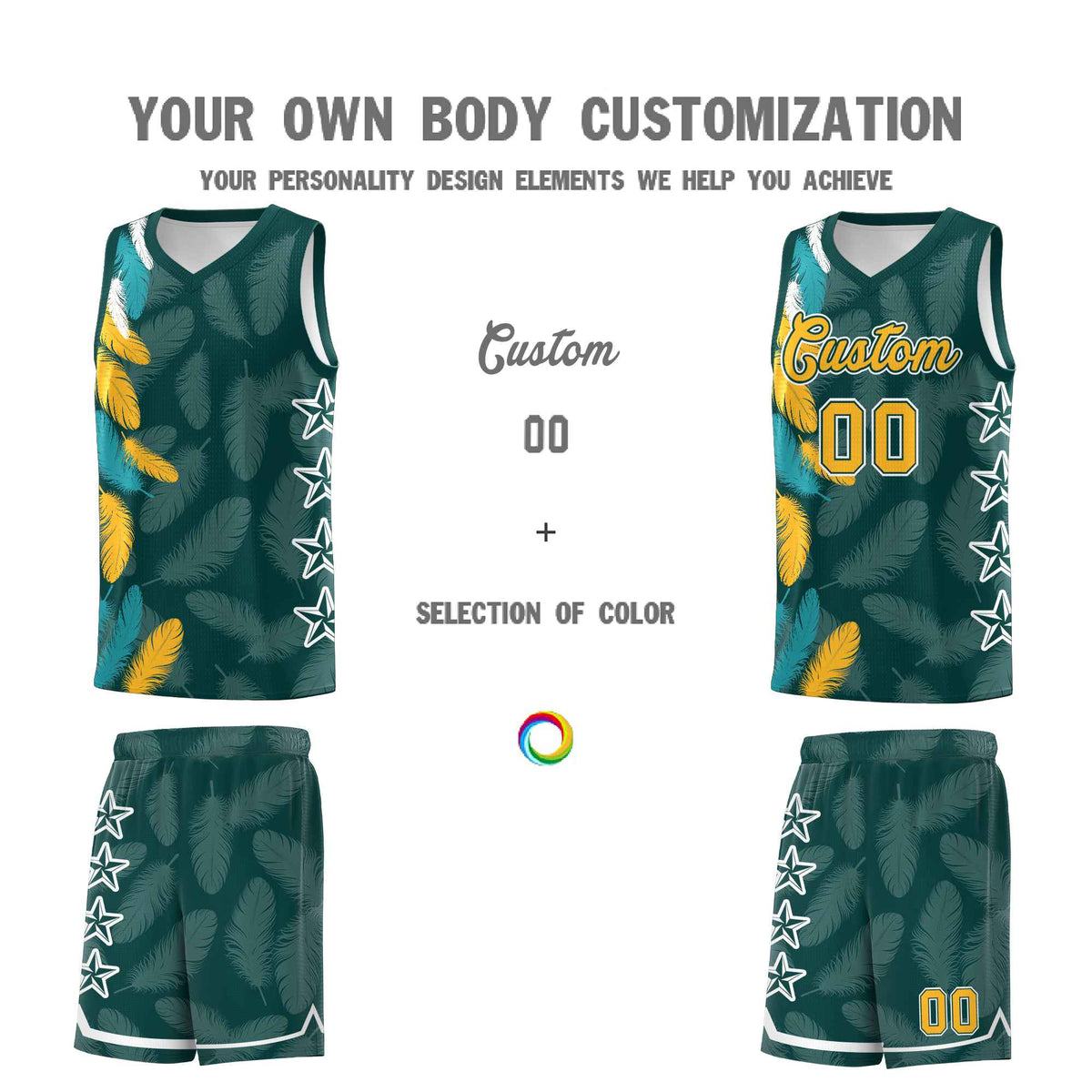 Custom Youth Basketball Jersey Midnight Green Gold Feather Series Sports Uniform