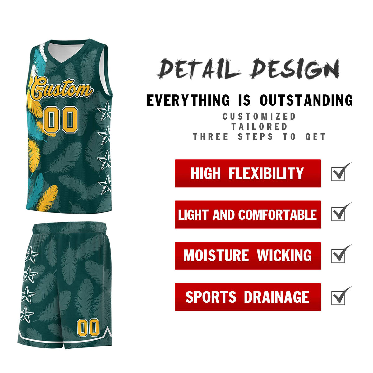 Custom Youth Basketball Jersey Midnight Green Gold Feather Series Sports Uniform