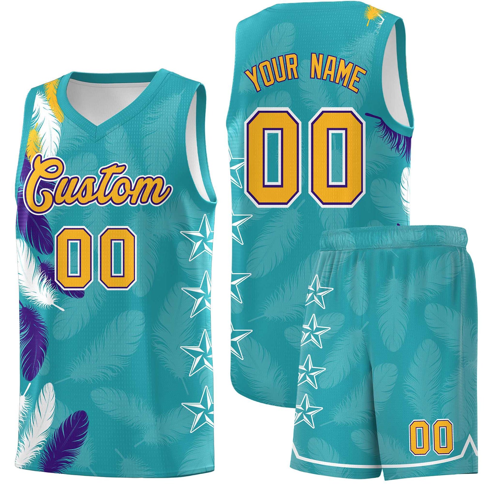 Custom Youth Basketball Jersey Aqua Gold Feather Series Sports Uniform