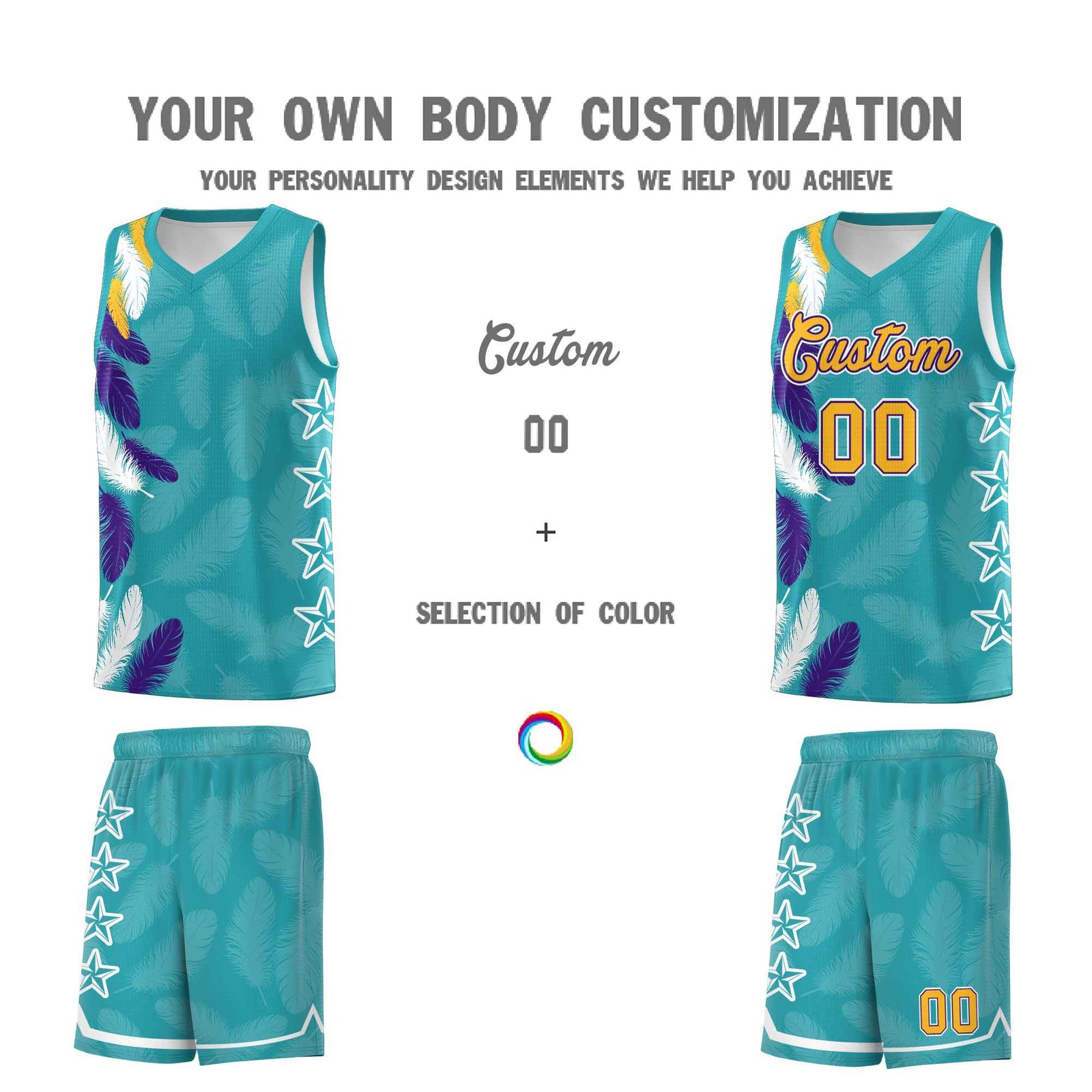 Custom Youth Basketball Jersey Aqua Gold Feather Series Sports Uniform