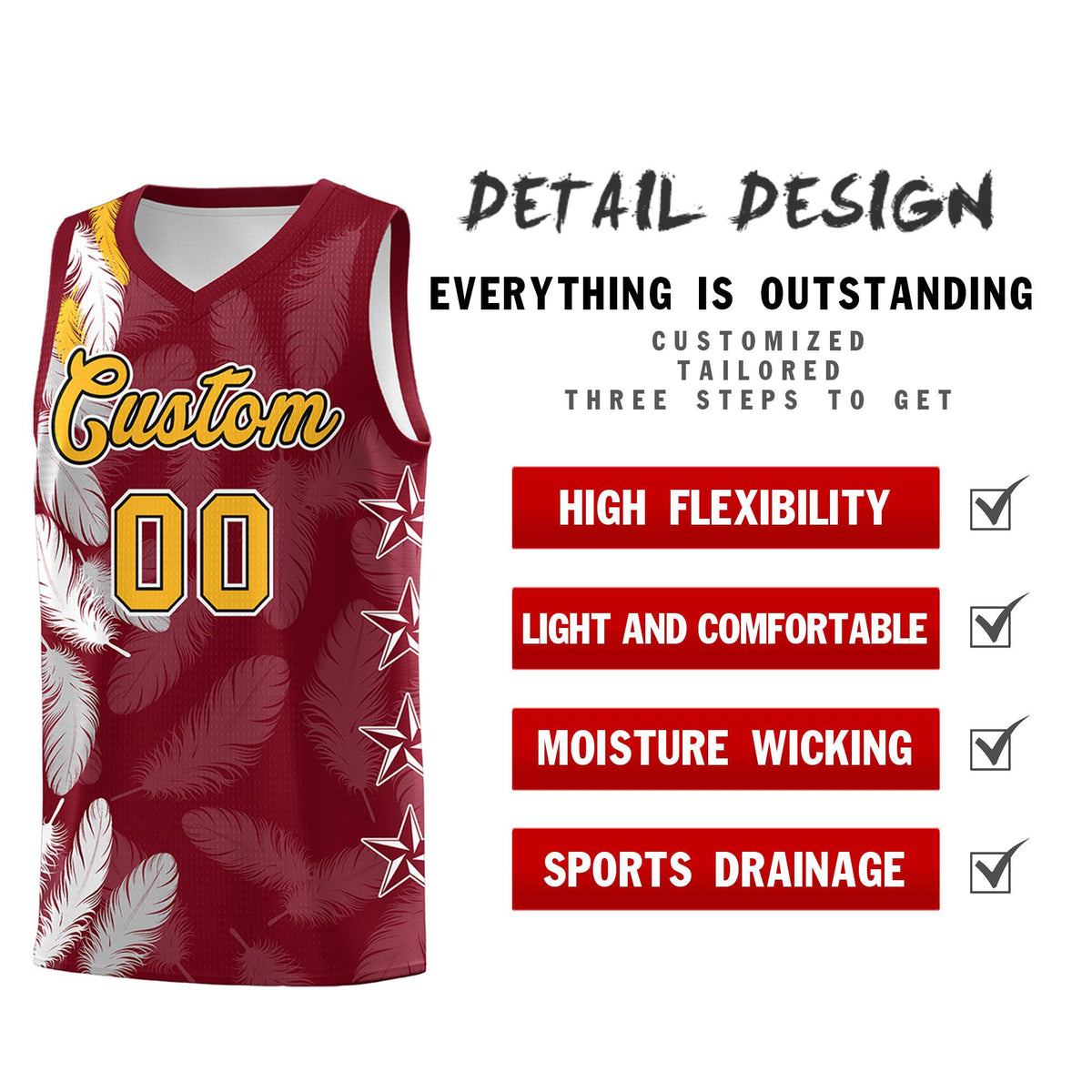 Custom Youth Basketball Jersey Crimson Gold Feather Series Sports Uniform