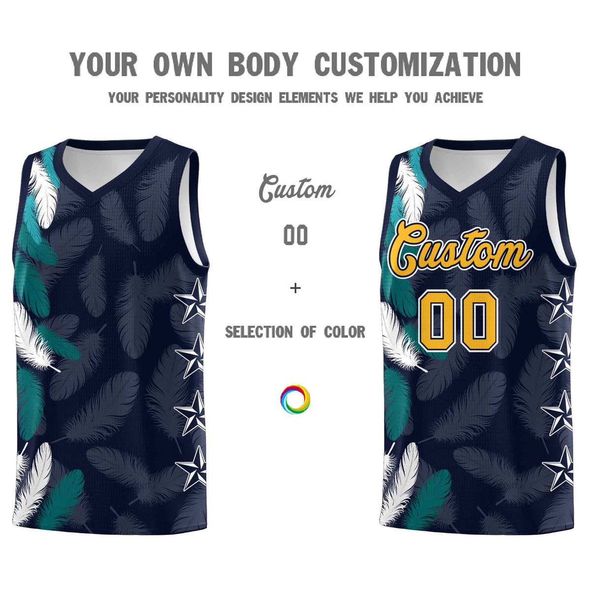 Custom Youth Basketball Jersey Navy Gold Feather Series Sports Uniform
