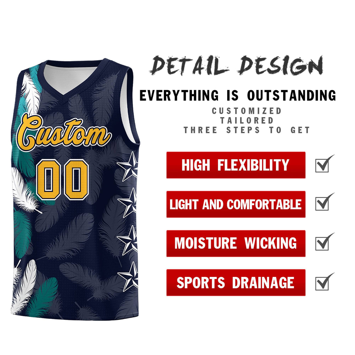 Custom Youth Basketball Jersey Navy Gold Feather Series Sports Uniform