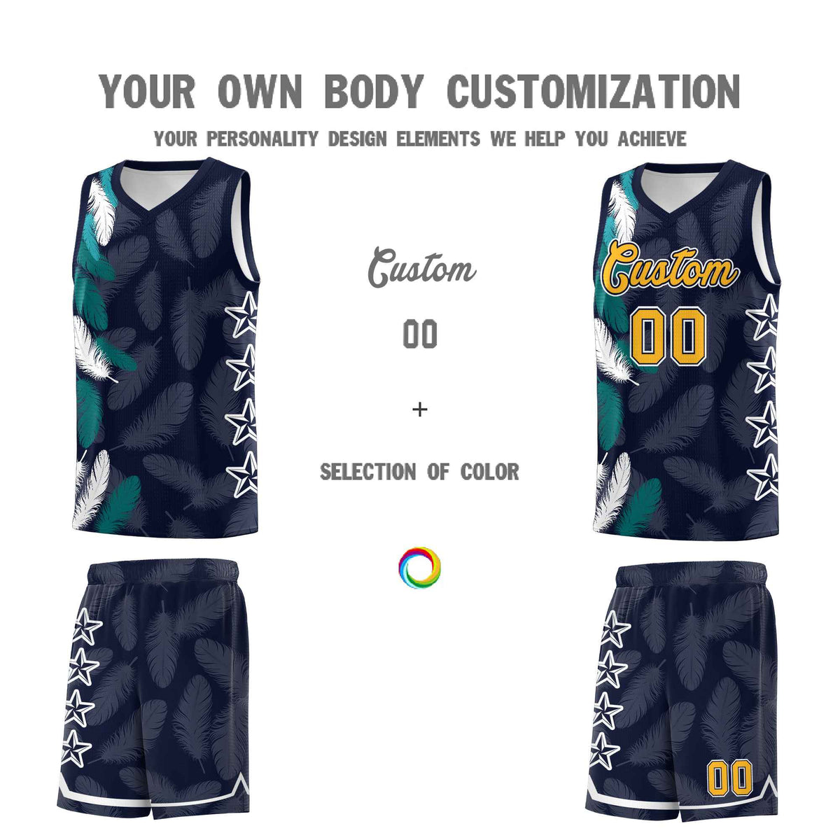 Custom Youth Basketball Jersey Navy Gold Feather Series Sports Uniform