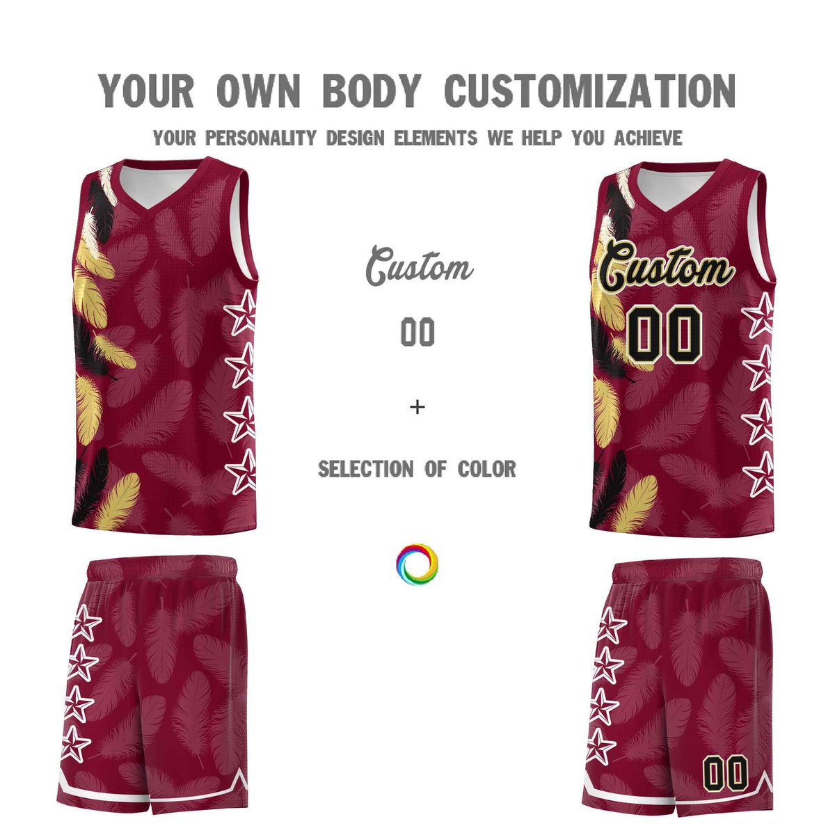 Custom Youth Basketball Jersey Crimson Black Feather Series Sports Uniform