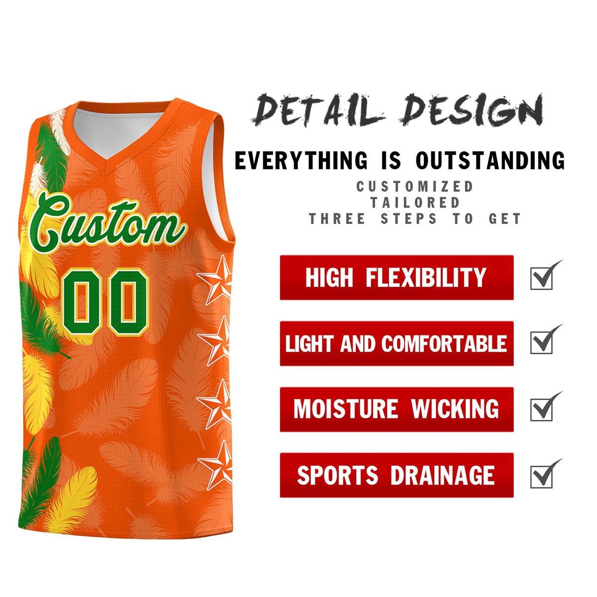 Custom Youth Basketball Jersey Orange Kelly Green Feather Series Sports Uniform