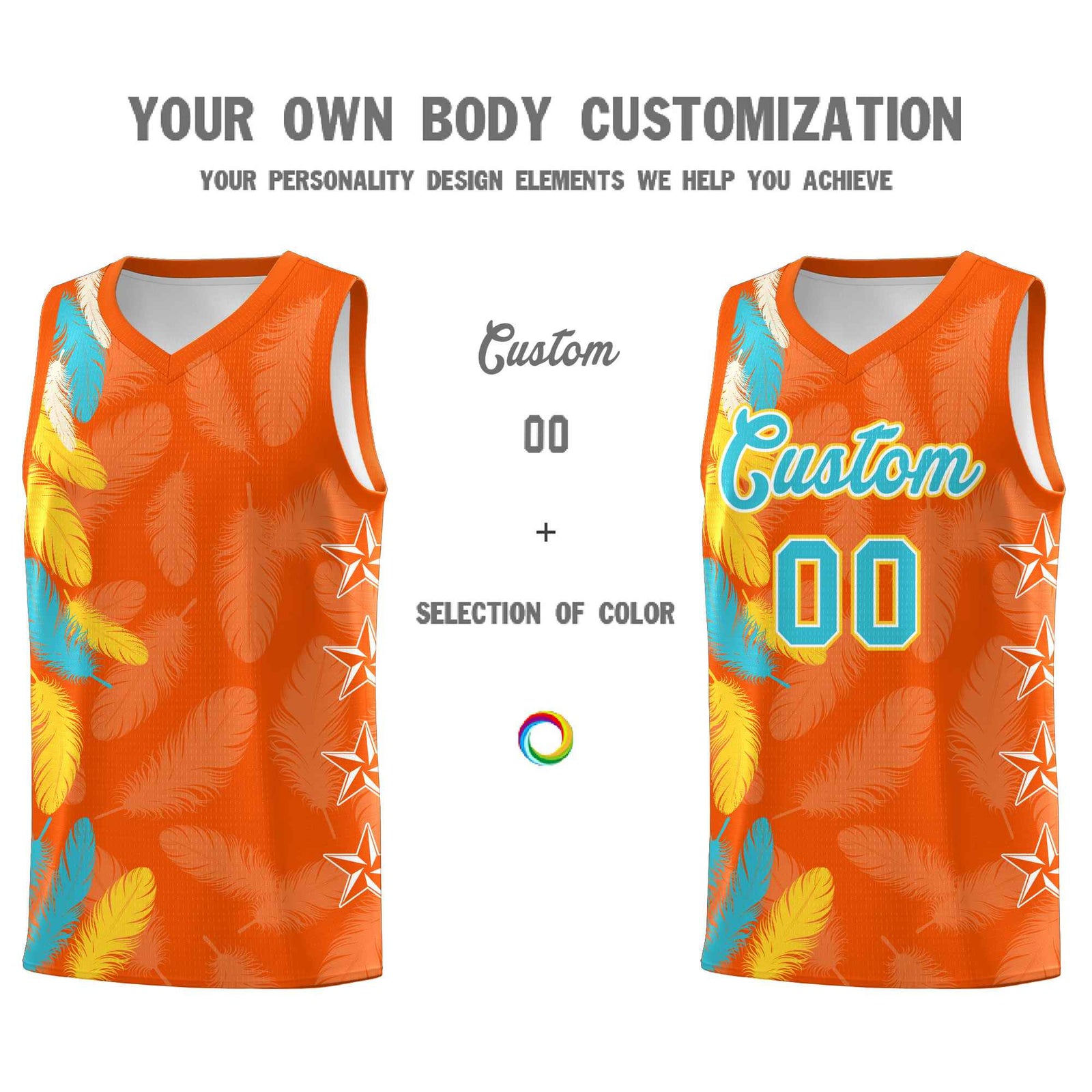 Custom Youth Basketball Jersey Orange Sky Blue Feather Series Sports Uniform