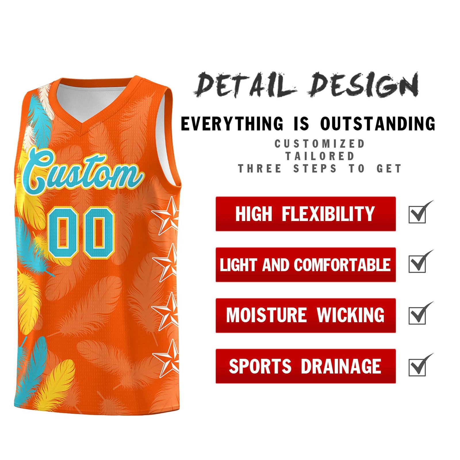 Custom Youth Basketball Jersey Orange Sky Blue Feather Series Sports Uniform