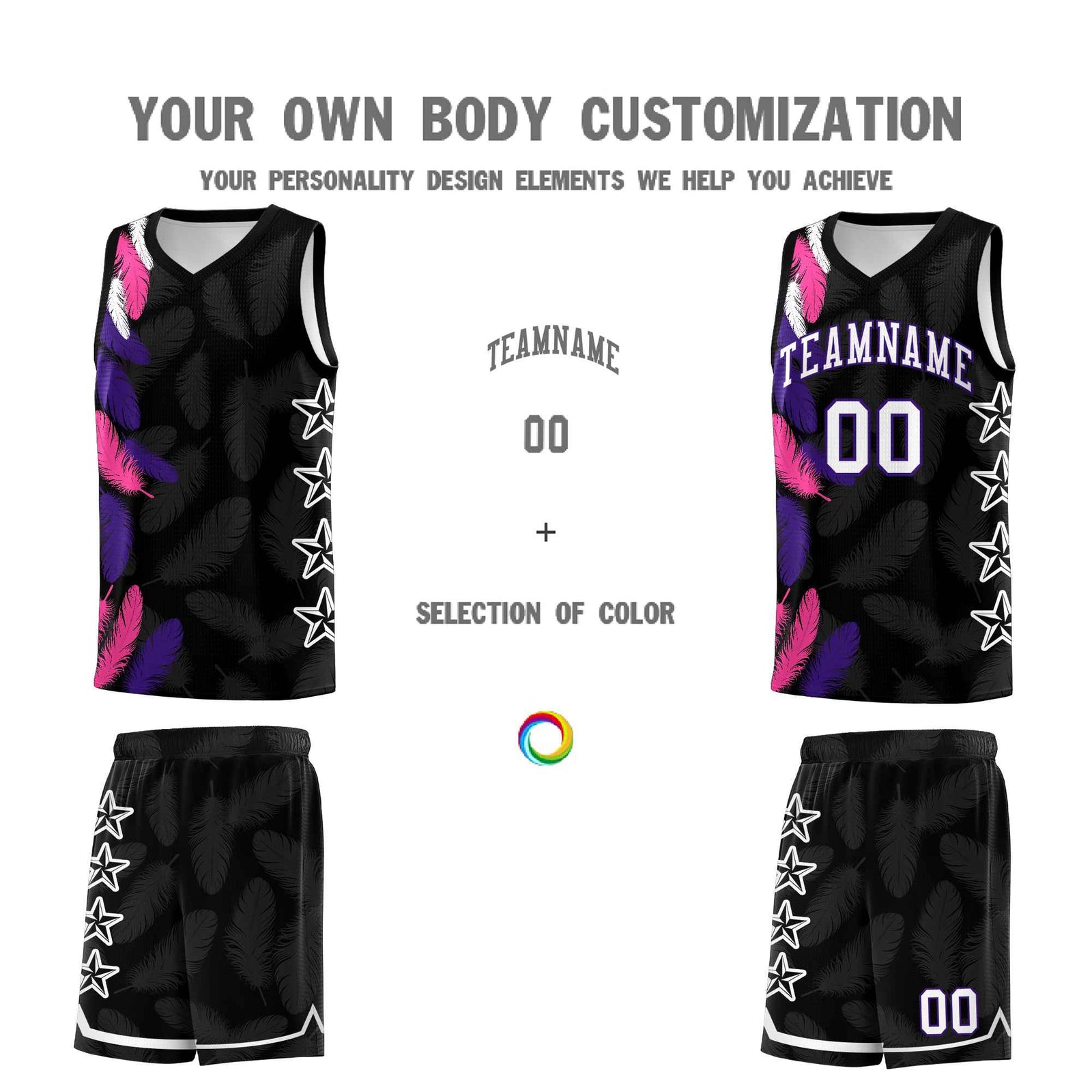 Custom Youth Basketball Jersey Black White Feather Series Sports Uniform