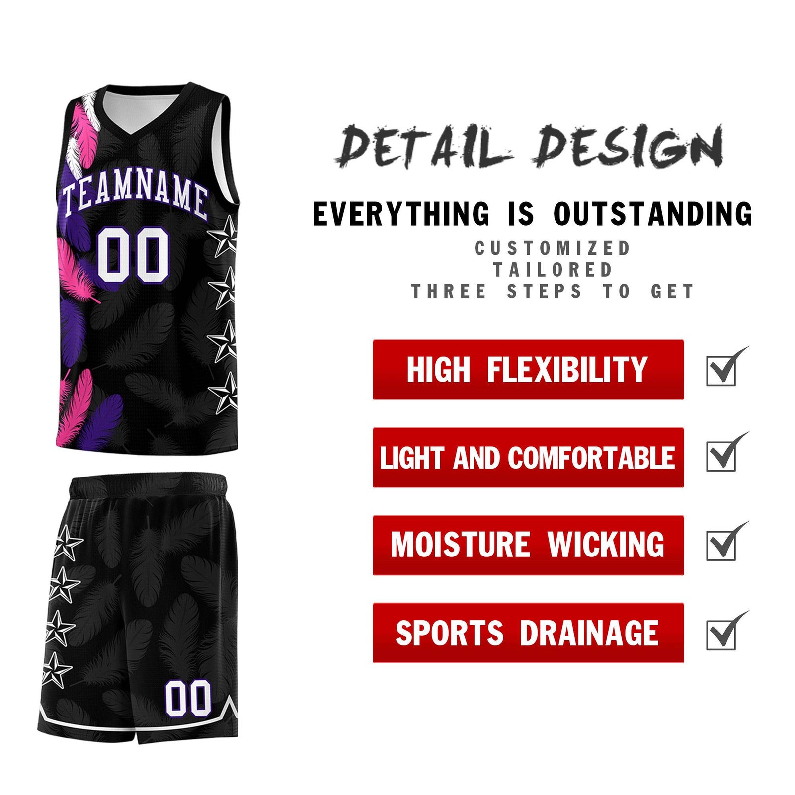 Custom Youth Basketball Jersey Black White Feather Series Sports Uniform