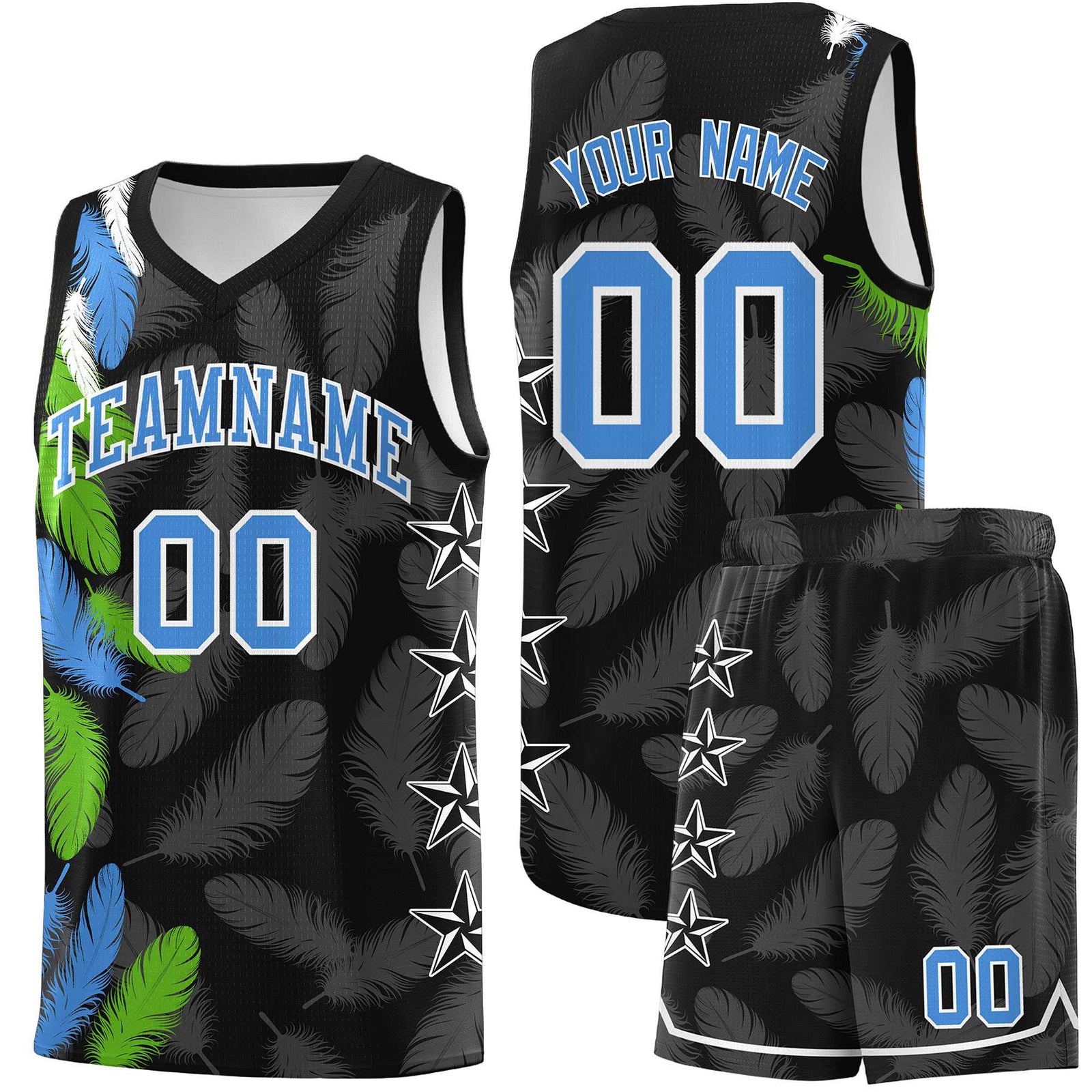 Custom Youth Basketball Jersey Black Powder Blue Feather Series Sports Uniform