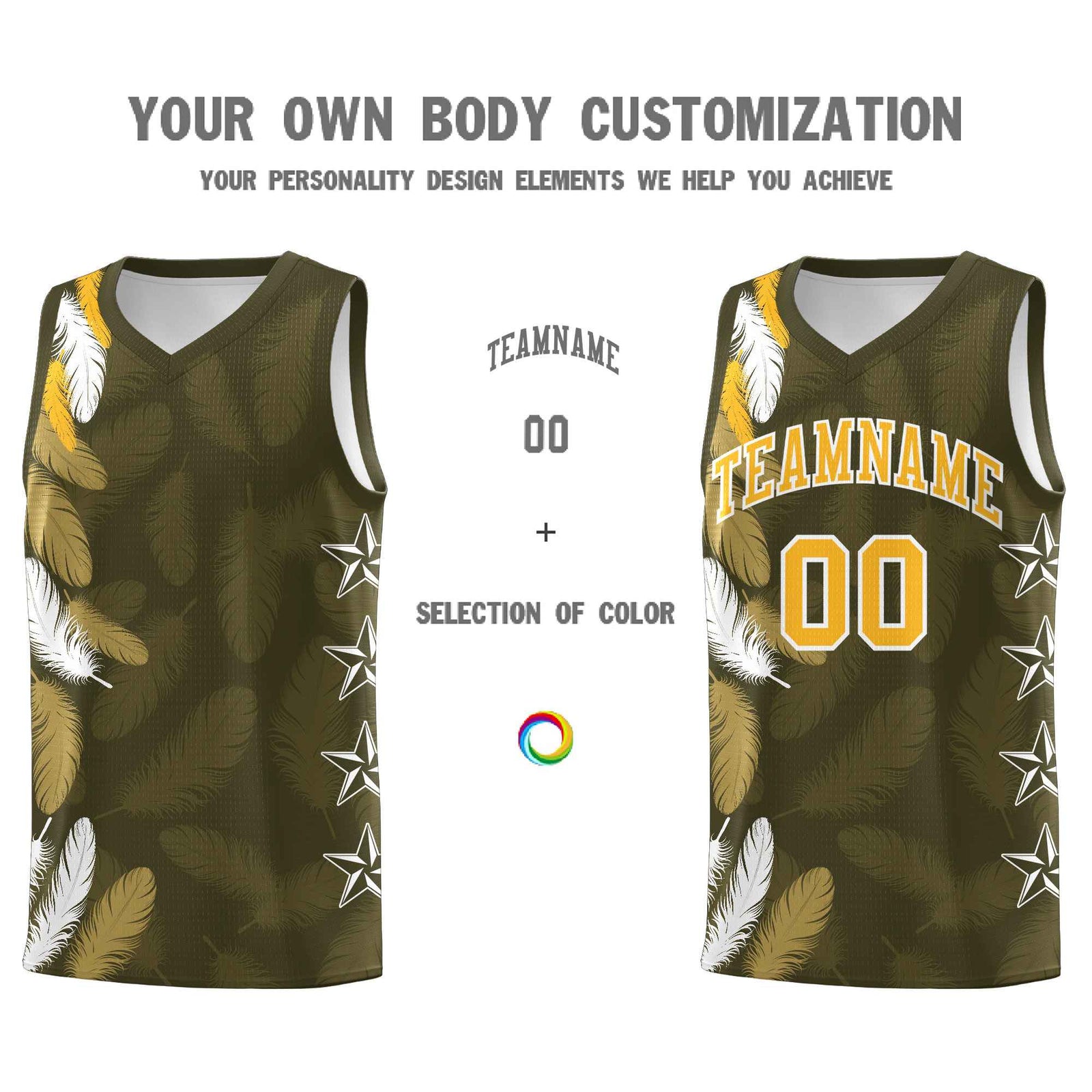 Custom Youth Basketball Jersey Olive Gold Feather Series Sports Uniform