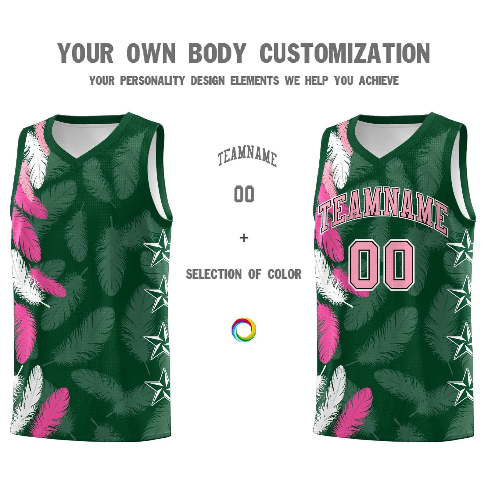 Custom Youth Basketball Jersey Green Light Pink Feather Series Sports Uniform