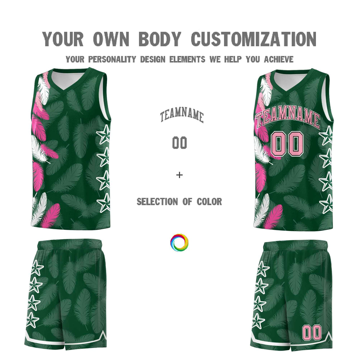 Custom Youth Basketball Jersey Green Light Pink Feather Series Sports Uniform