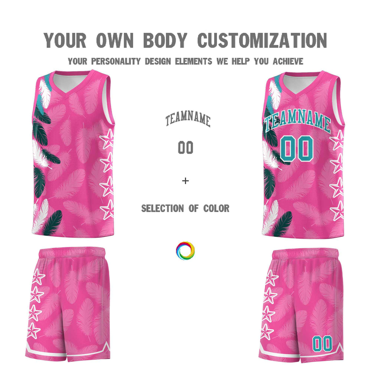 Custom Youth Basketball Jersey Pink Aqua Feather Series Sports Uniform