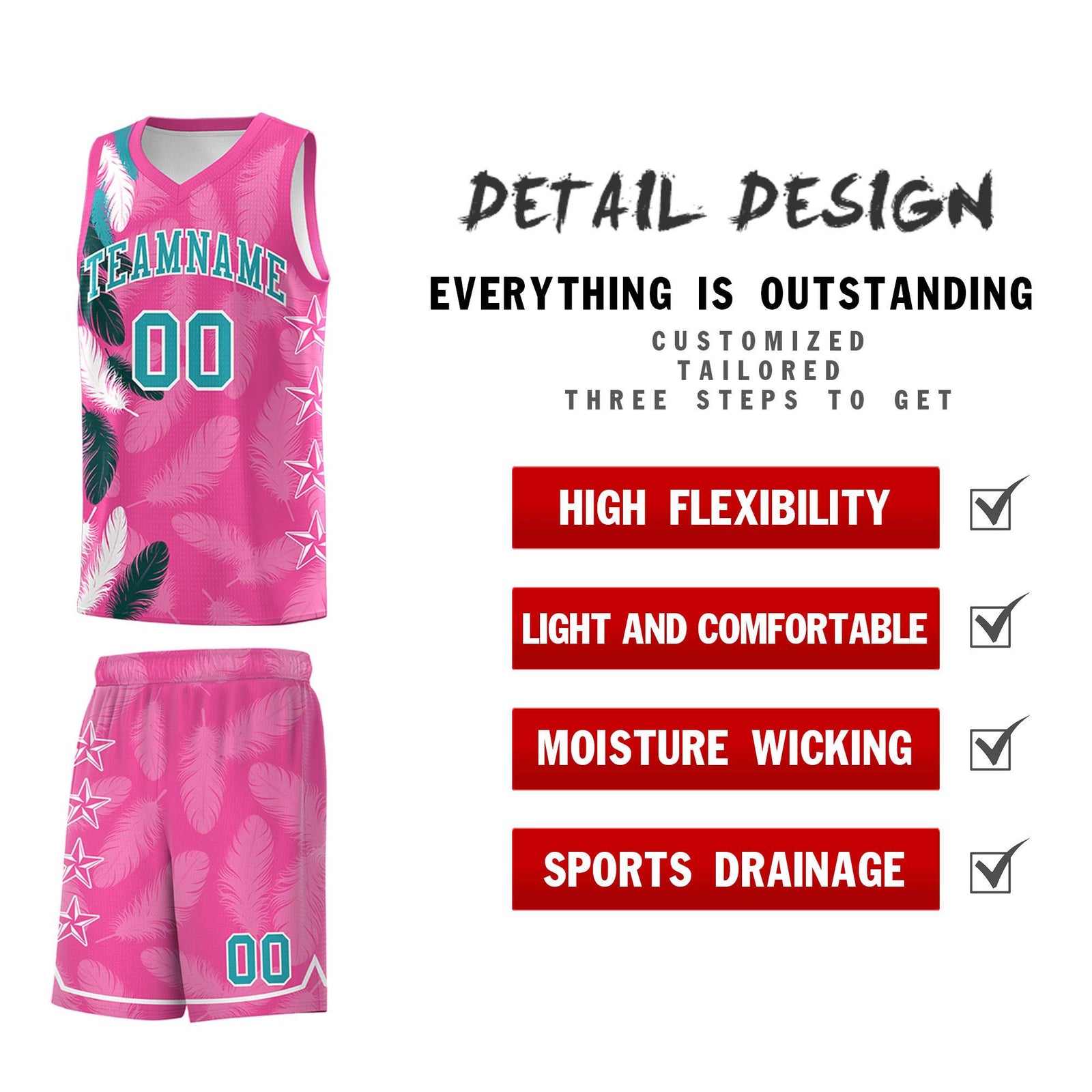 Custom Youth Basketball Jersey Pink Aqua Feather Series Sports Uniform