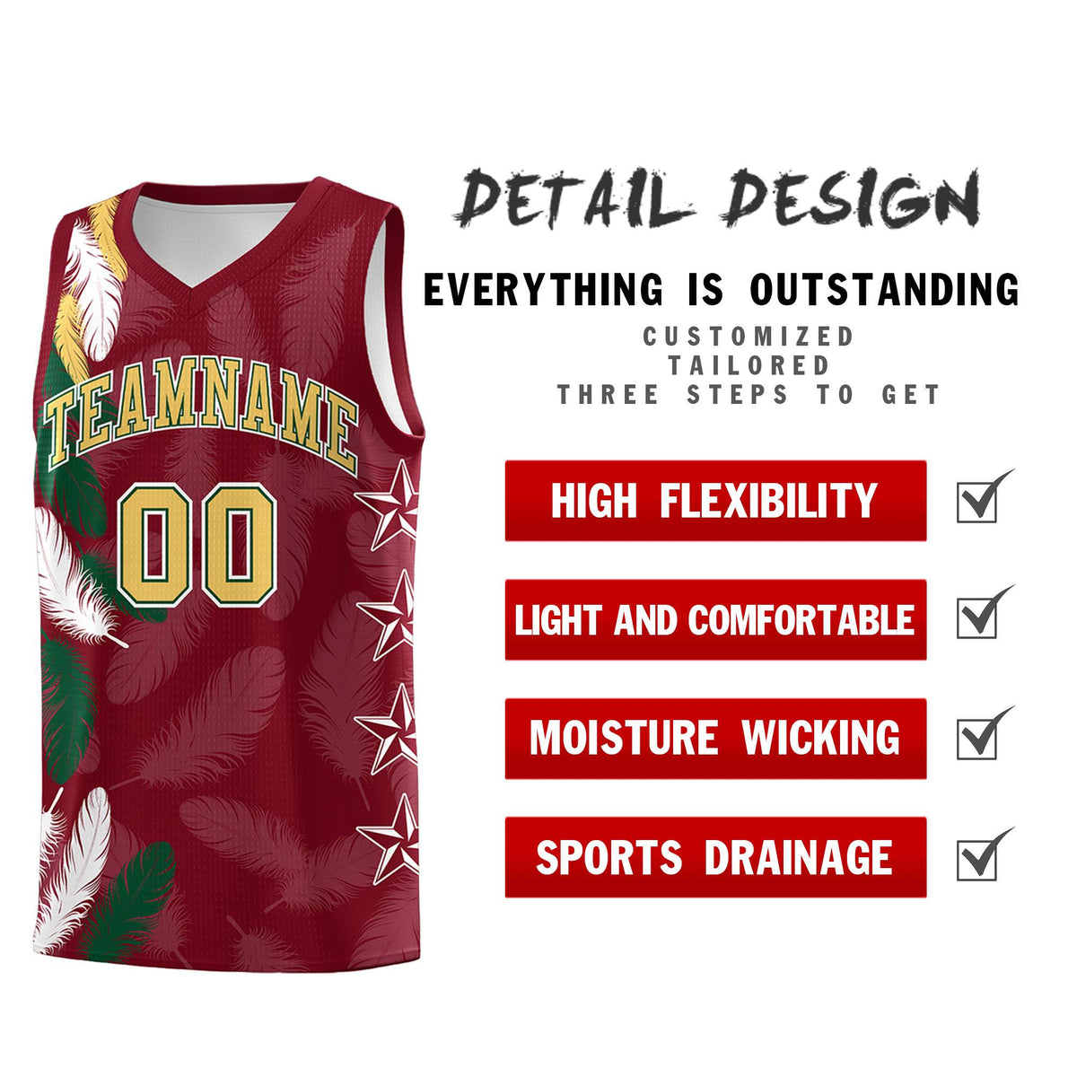 Custom Youth Basketball Jersey Crimson Old Gold Feather Series Sports Uniform