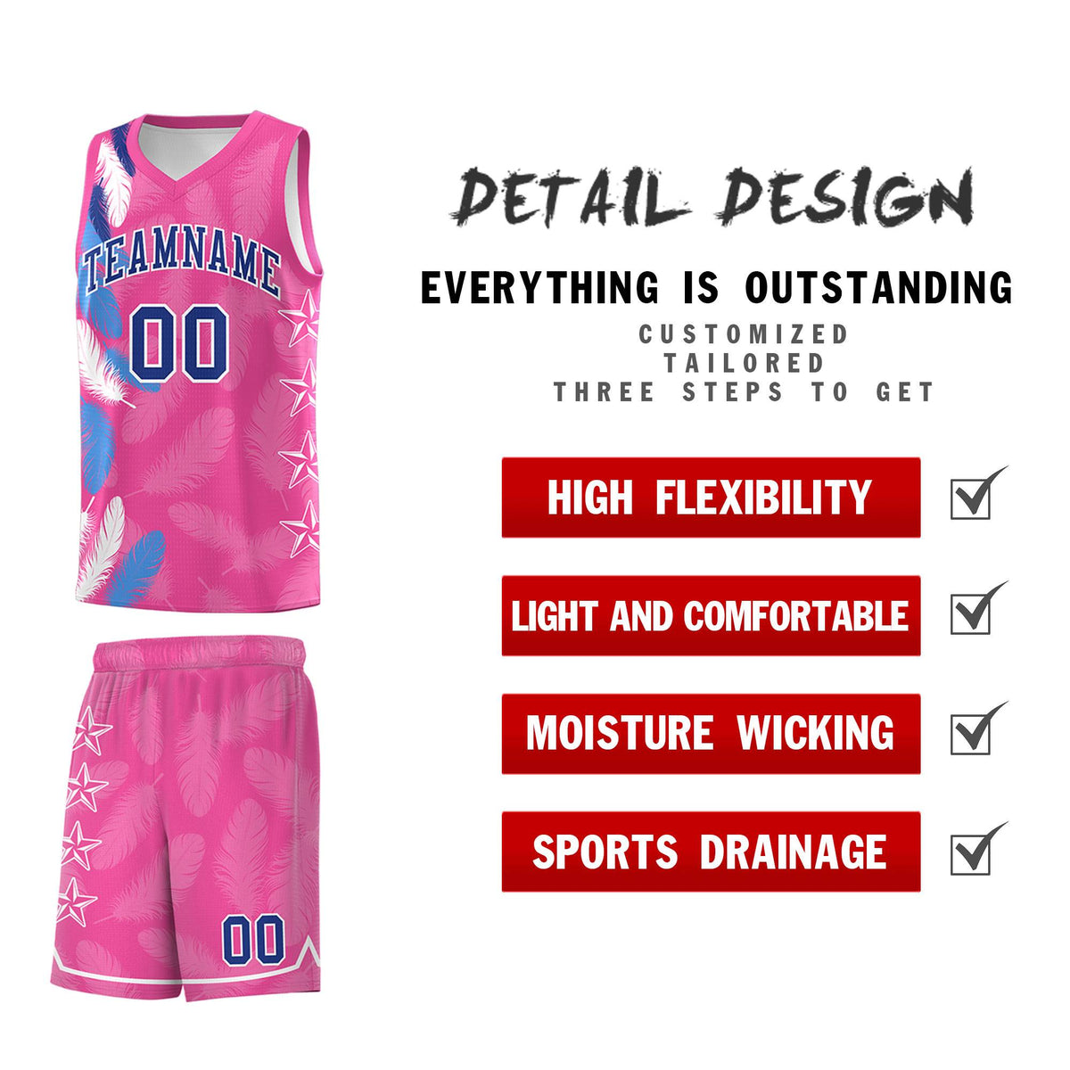 Custom Youth Basketball Jersey Pink Royal Feather Series Sports Uniform