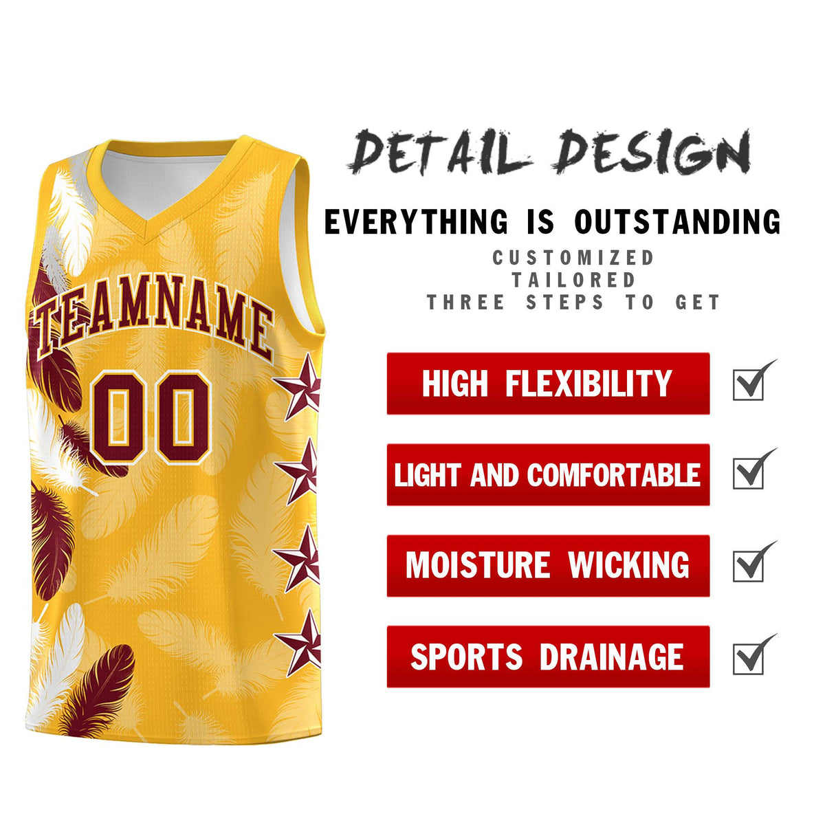 Custom Youth Basketball Jersey Gold Crimson Feather Series Sports Uniform