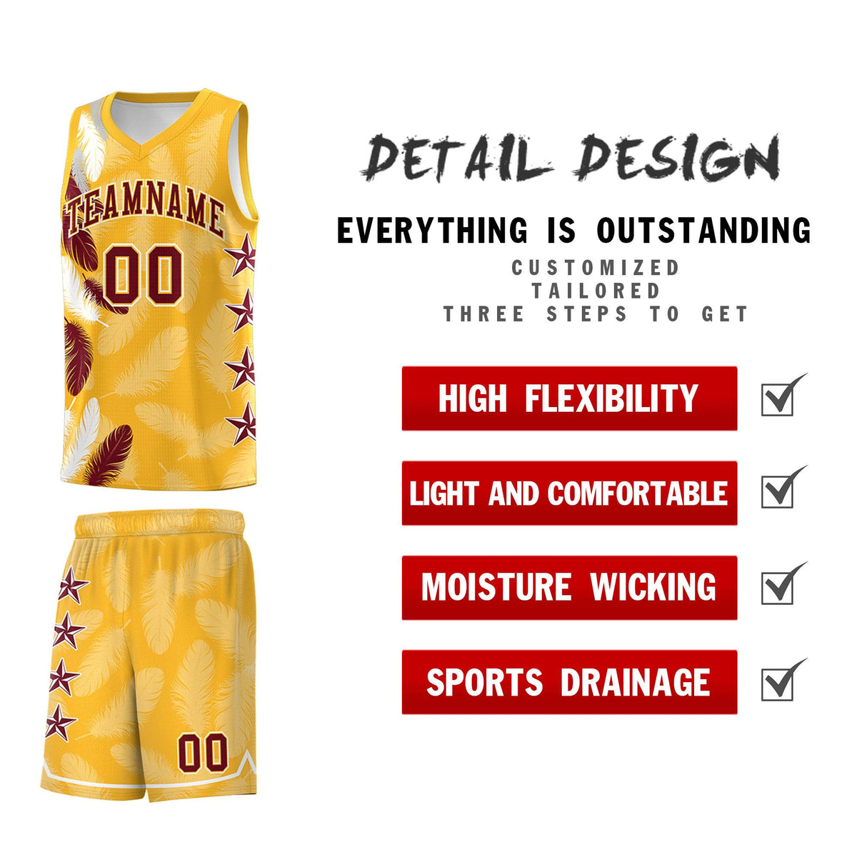 Custom Youth Basketball Jersey Gold Crimson Feather Series Sports Uniform