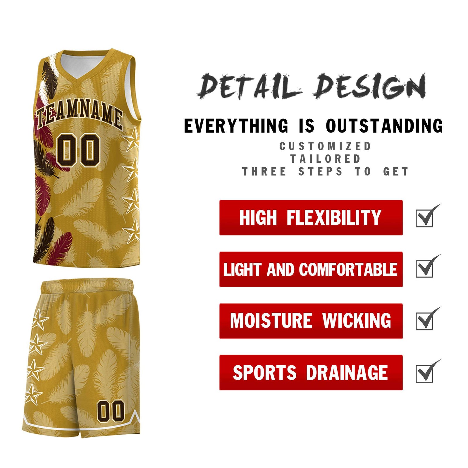 Custom Youth Basketball Jersey Old Gold Brown Feather Series Sports Uniform