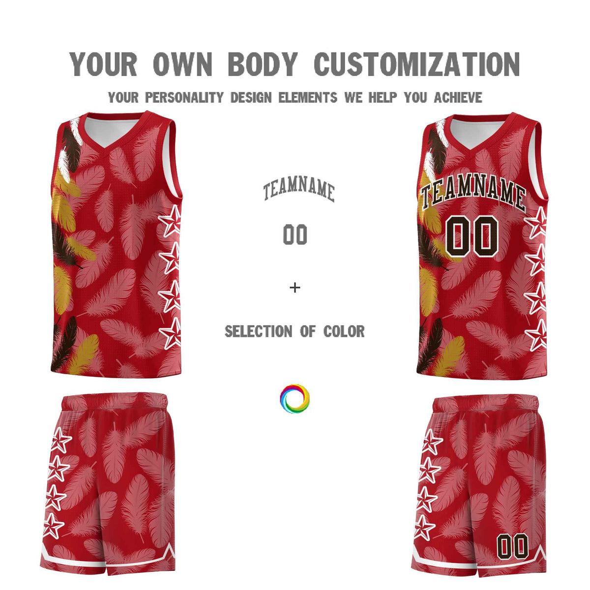 Custom Youth Basketball Jersey Red Brown Feather Series Sports Uniform