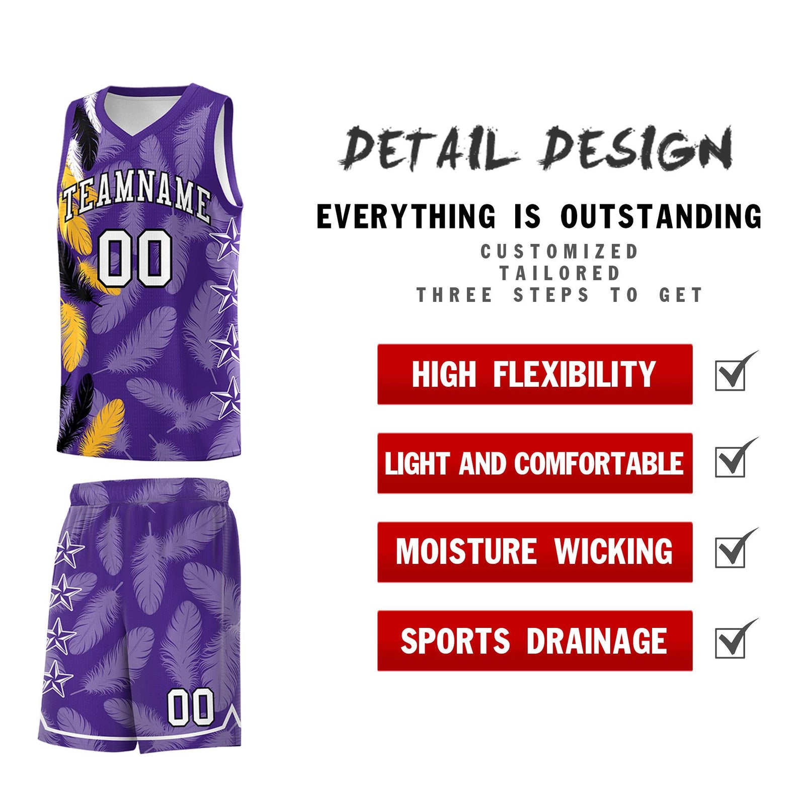 Custom Youth Basketball Jersey Purple White Feather Series Sports Uniform