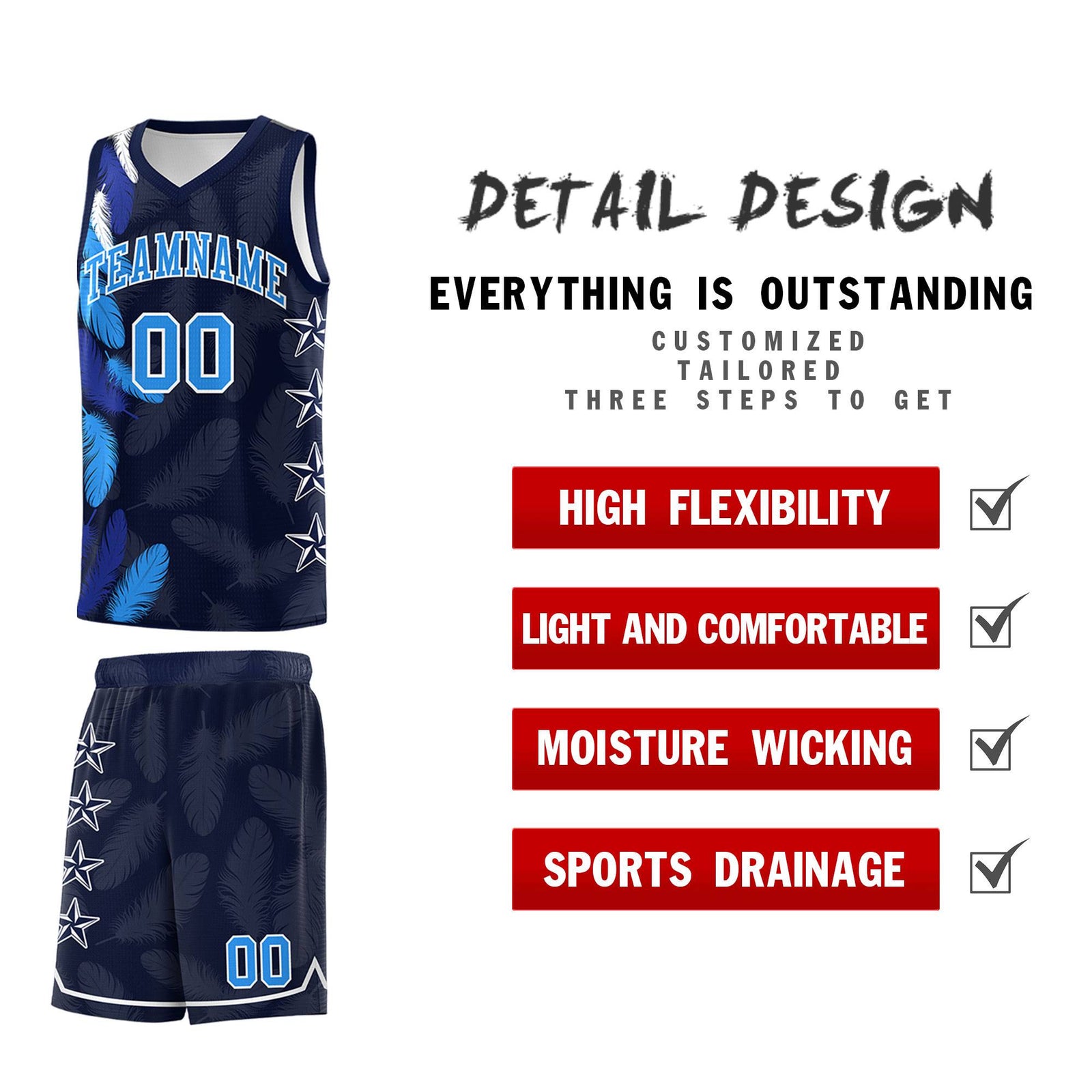Custom Youth Basketball Jersey Navy Powder Blue Feather Series Sports Uniform