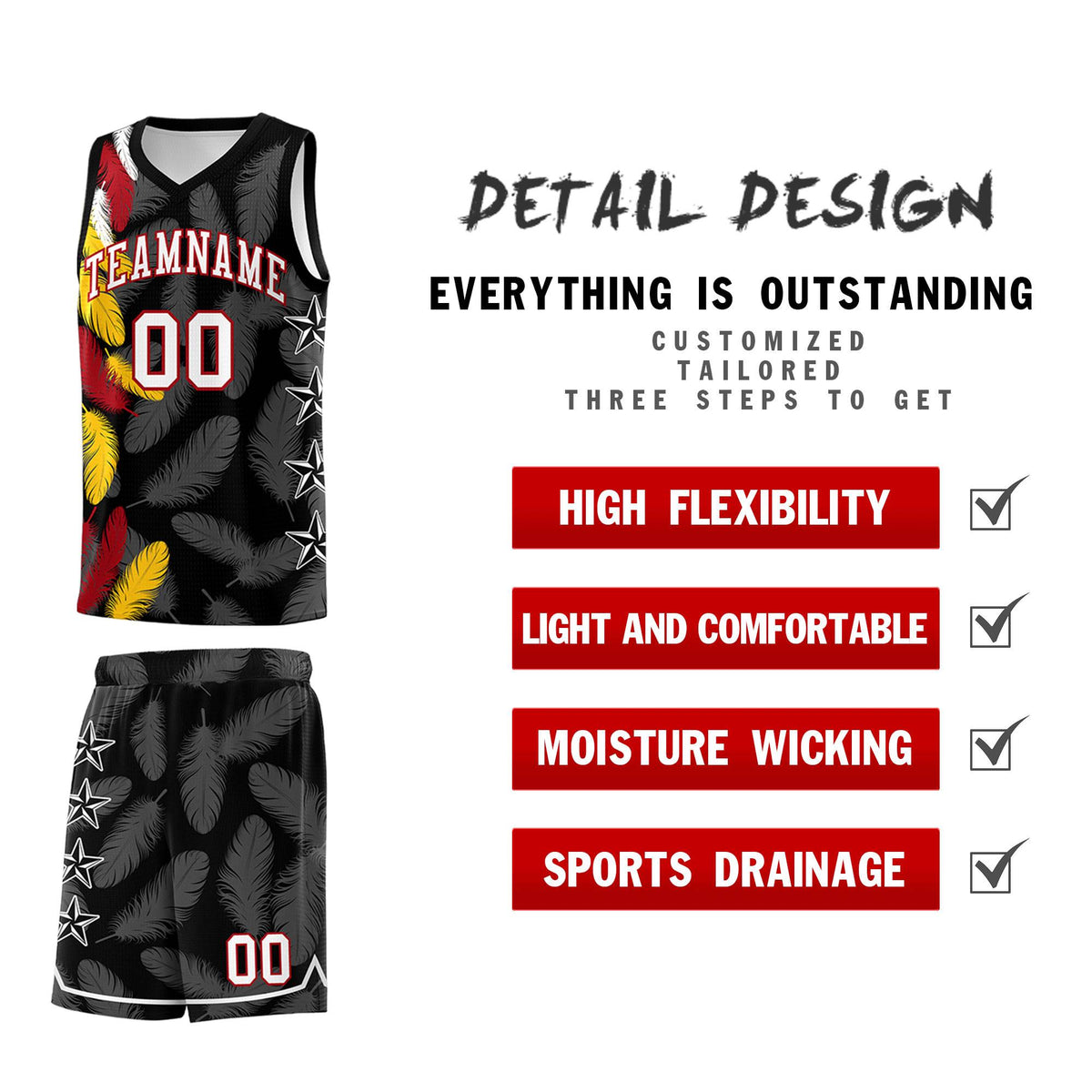 Custom Youth Basketball Jersey Black White Feather Series Sports Uniform