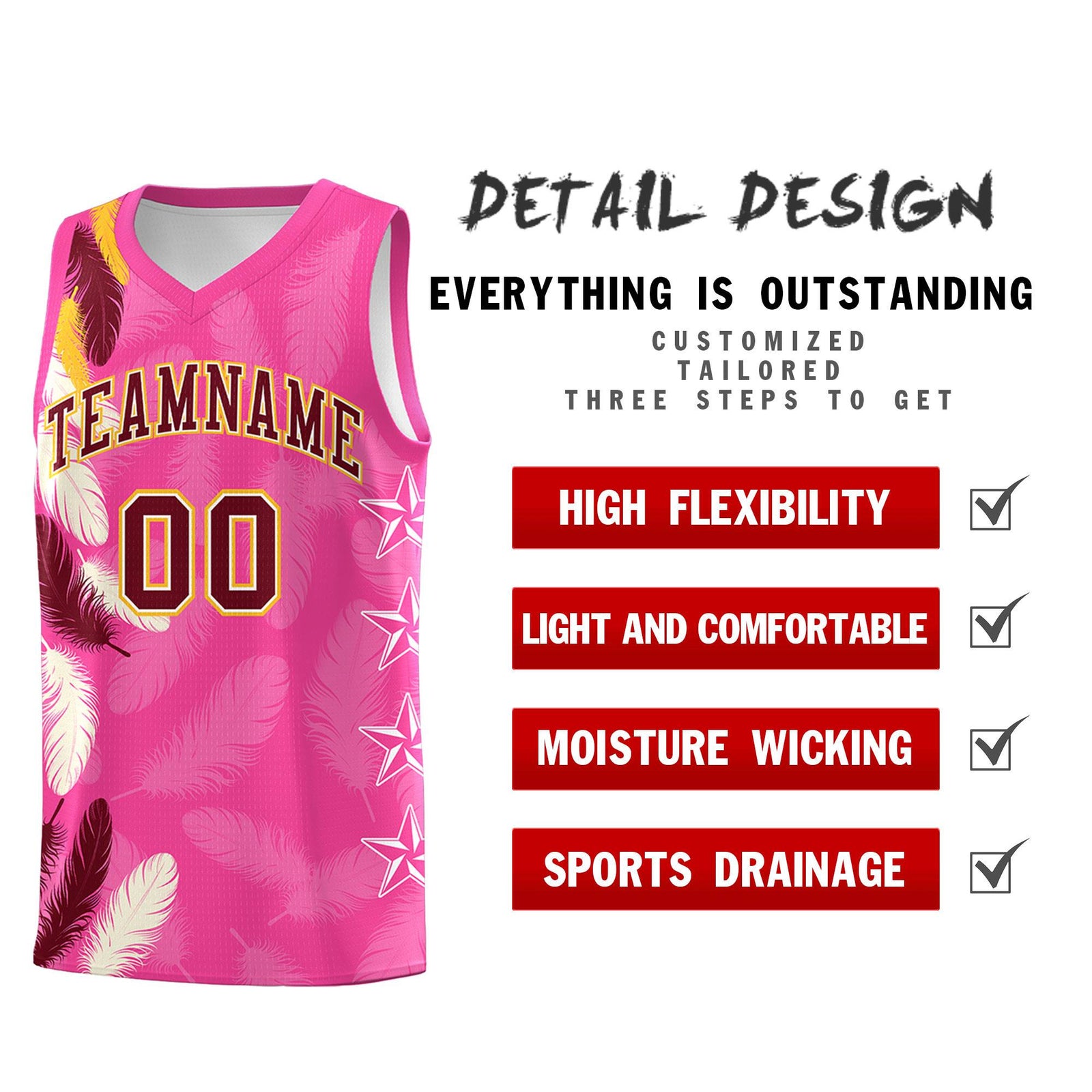Custom Youth Basketball Jersey Pink Crimson Feather Series Sports Uniform