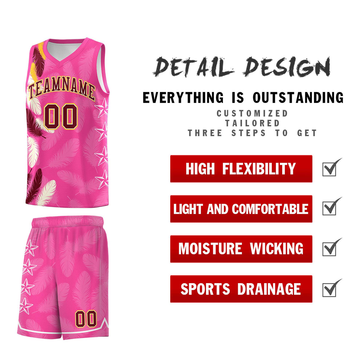 Custom Youth Basketball Jersey Pink Crimson Feather Series Sports Uniform