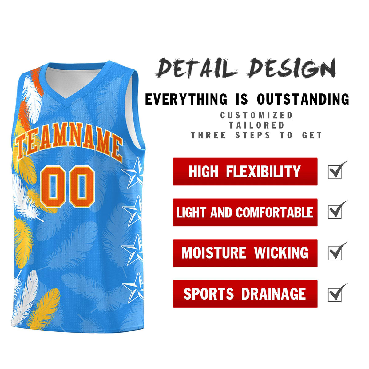 Custom Youth Basketball Jersey Powder Blue Orange Feather Series Sports Uniform