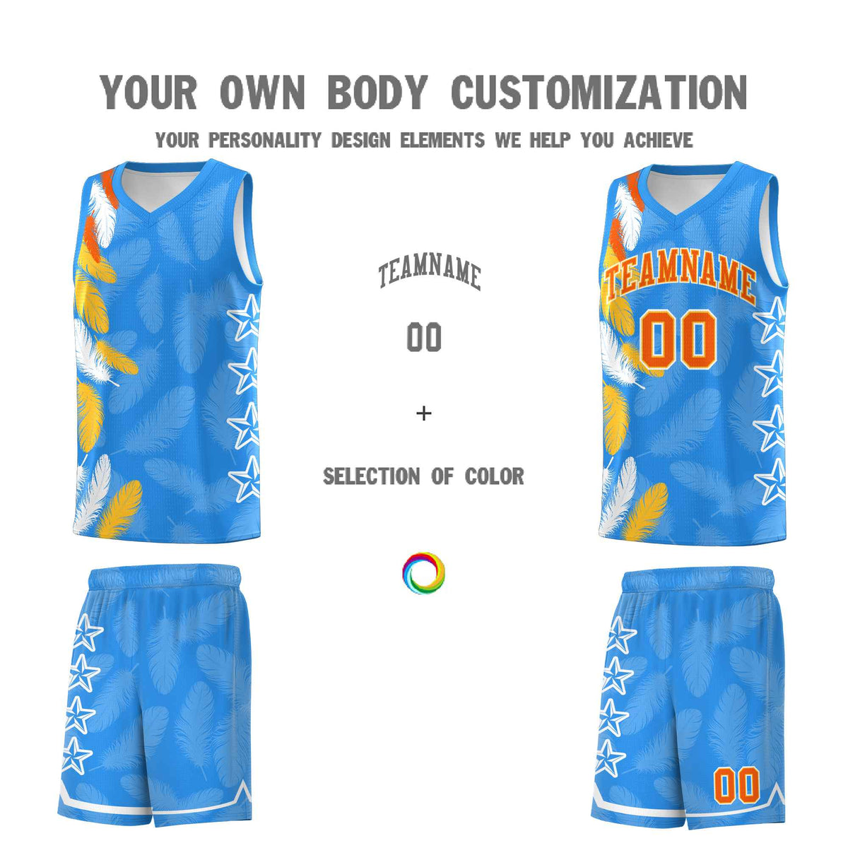 Custom Youth Basketball Jersey Powder Blue Orange Feather Series Sports Uniform