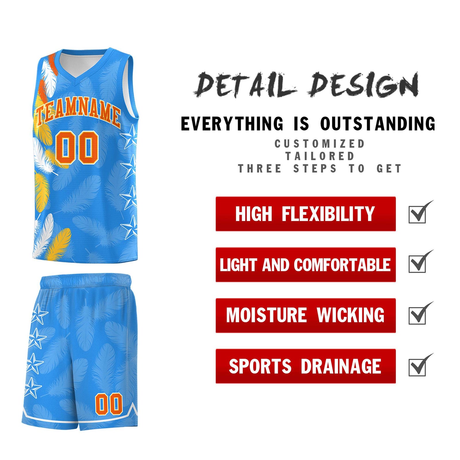 Custom Youth Basketball Jersey Powder Blue Orange Feather Series Sports Uniform