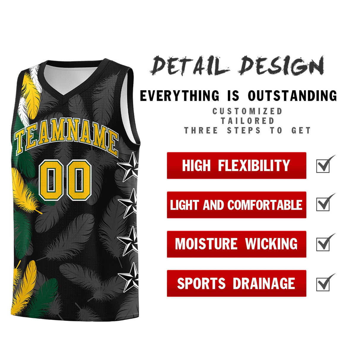 Custom Youth Basketball Jersey Black Gold Feather Series Sports Uniform