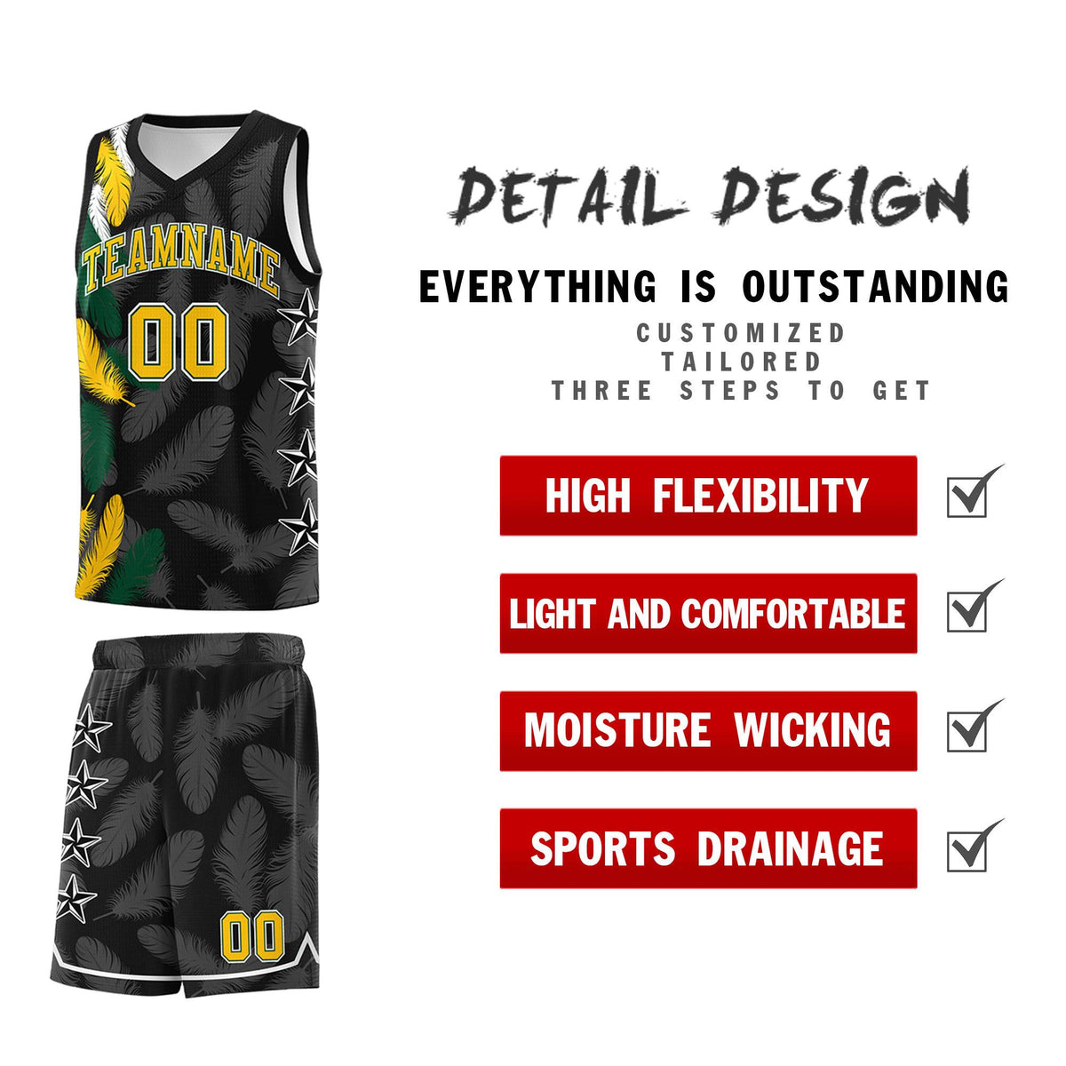 Custom Youth Basketball Jersey Black Gold Feather Series Sports Uniform
