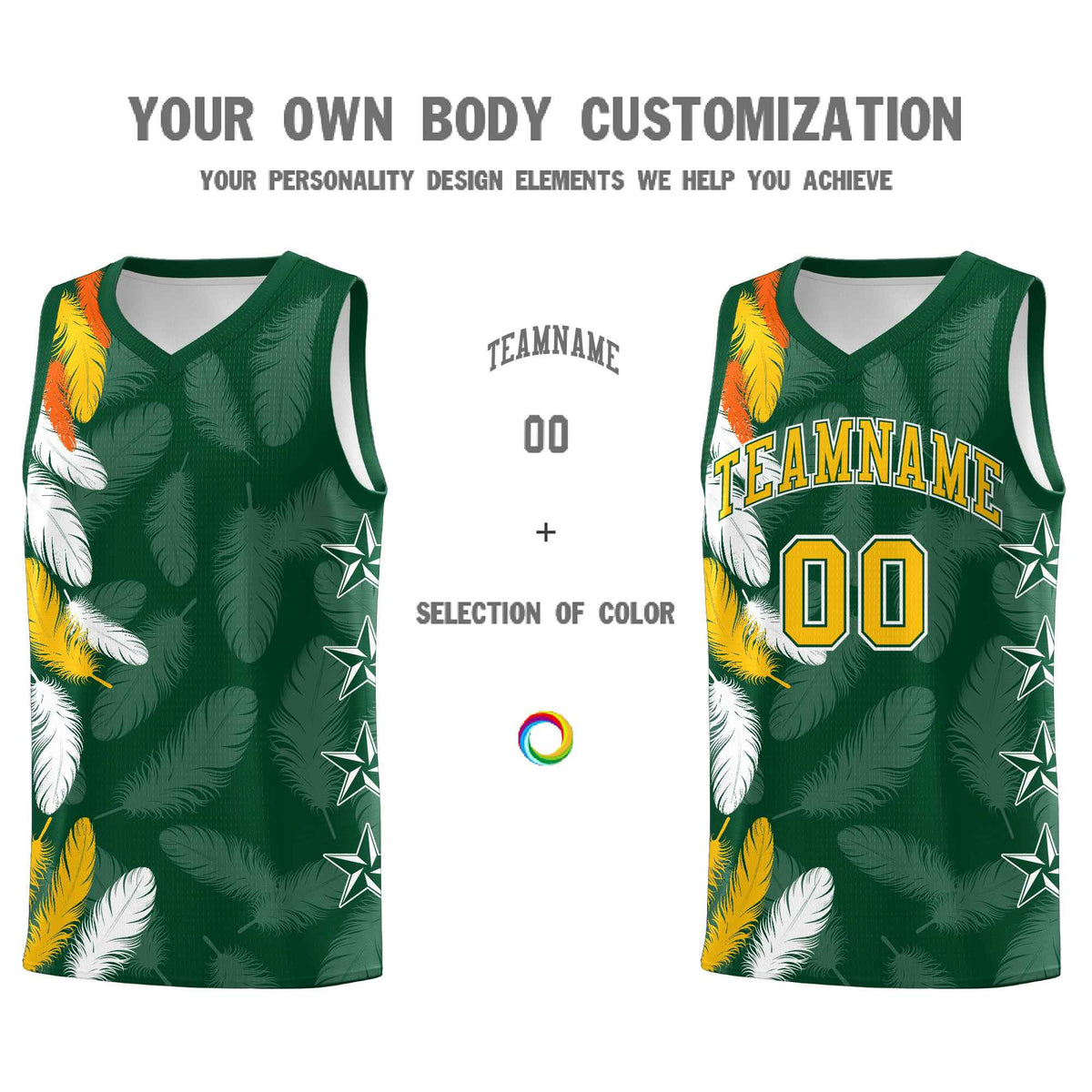 Custom Youth Basketball Jersey Green Gold Feather Series Sports Uniform