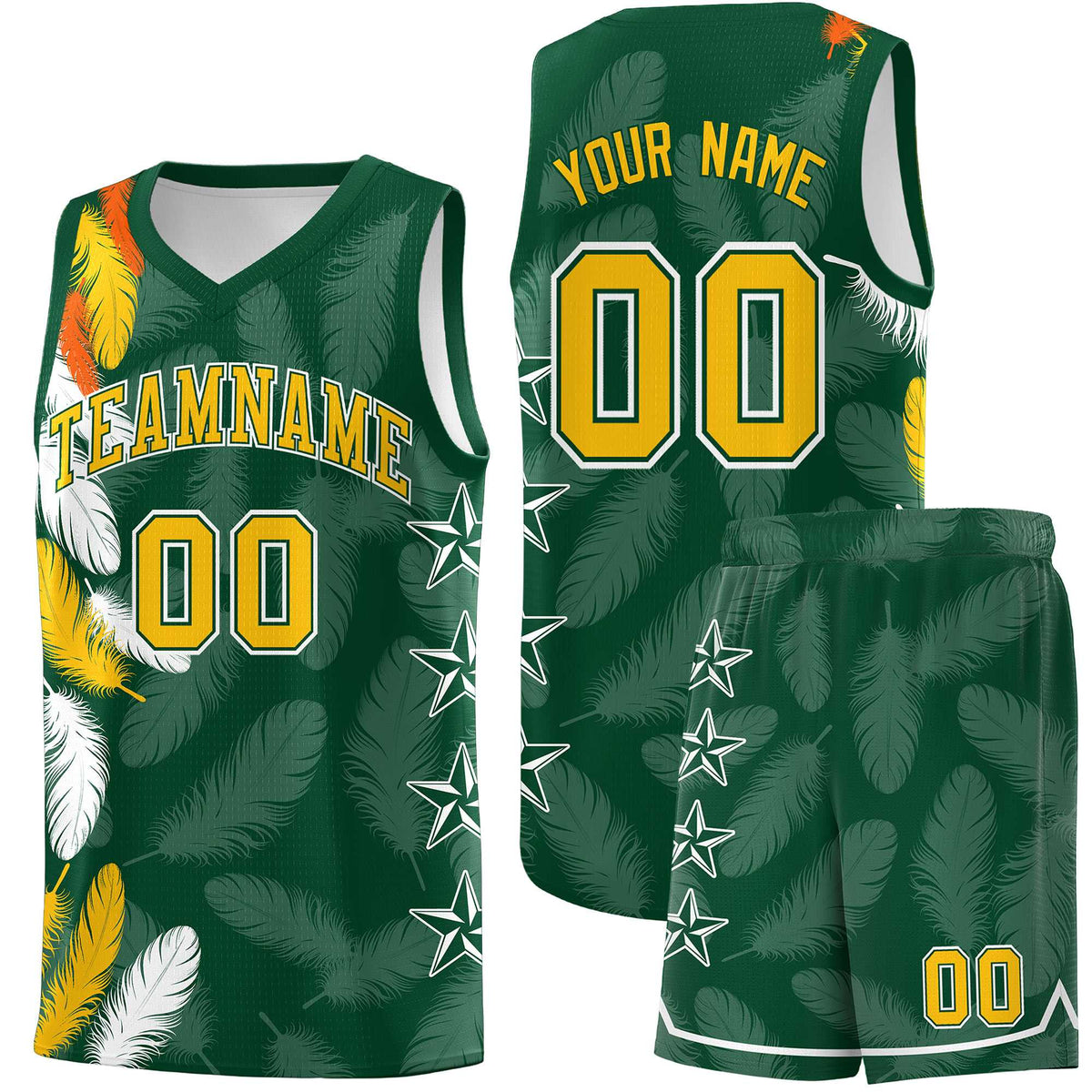 Custom Youth Basketball Jersey Green Gold Feather Series Sports Uniform