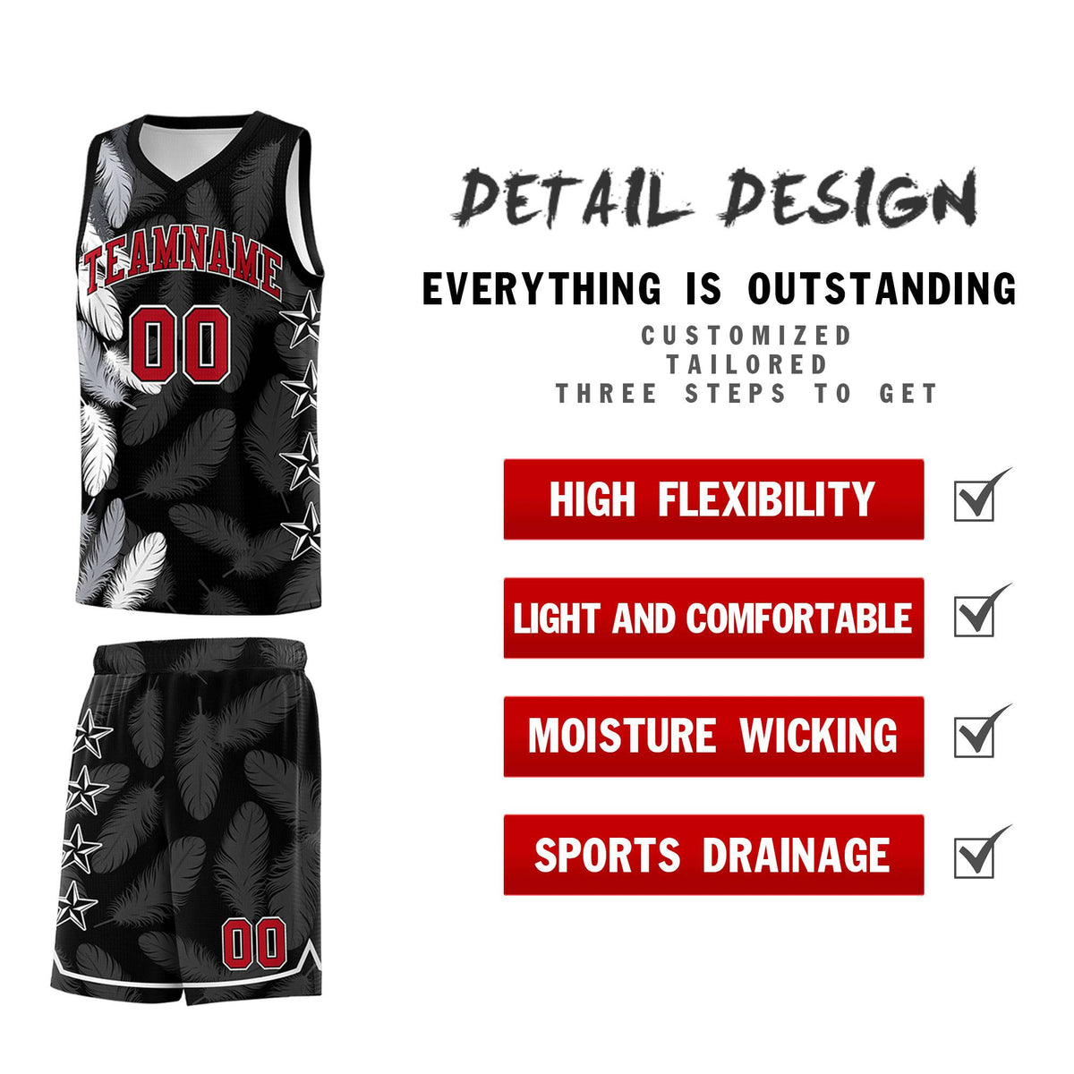 Custom Youth Basketball Jersey Black Red Feather Series Sports Uniform