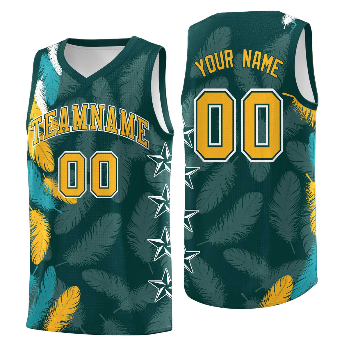 Custom Youth Basketball Jersey Midnight Green Gold Feather Series Sports Uniform