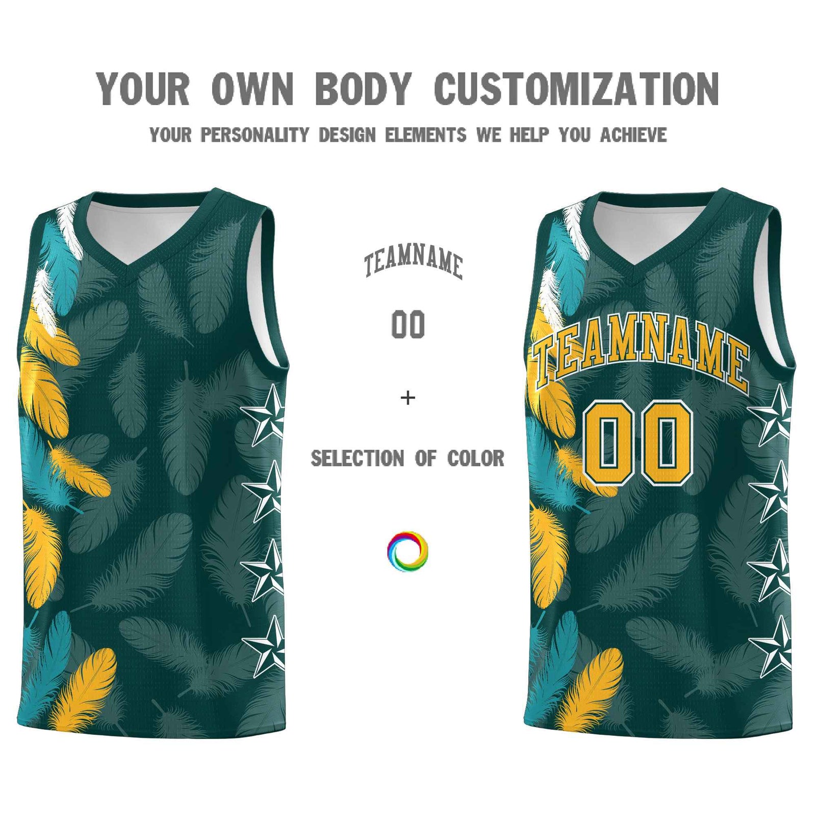 Custom Youth Basketball Jersey Midnight Green Gold Feather Series Sports Uniform