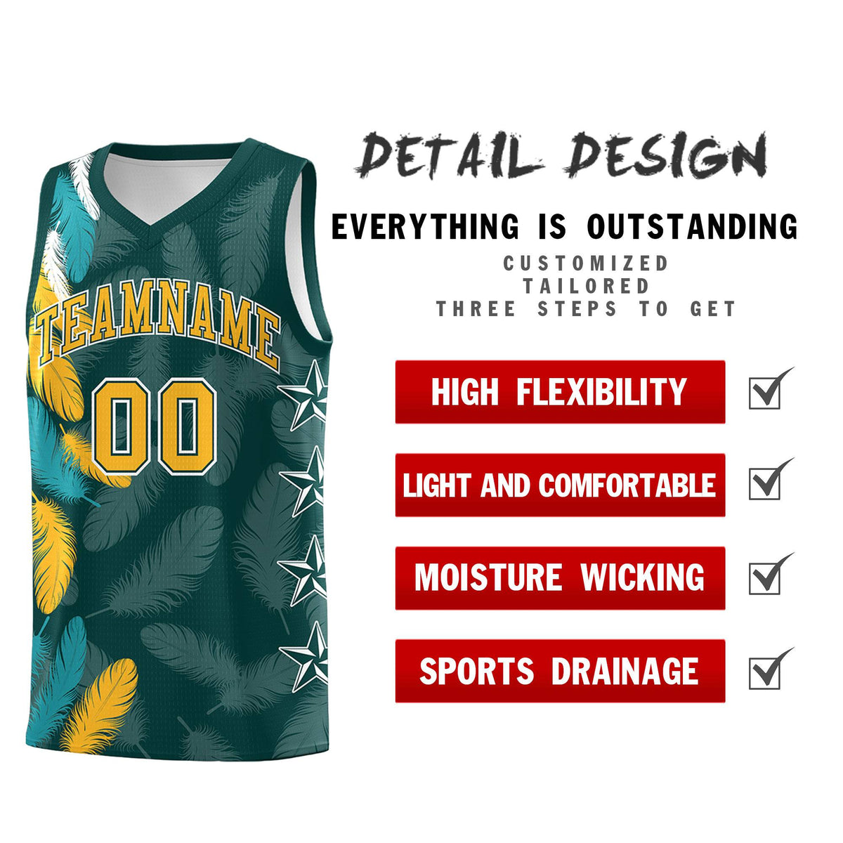 Custom Youth Basketball Jersey Midnight Green Gold Feather Series Sports Uniform
