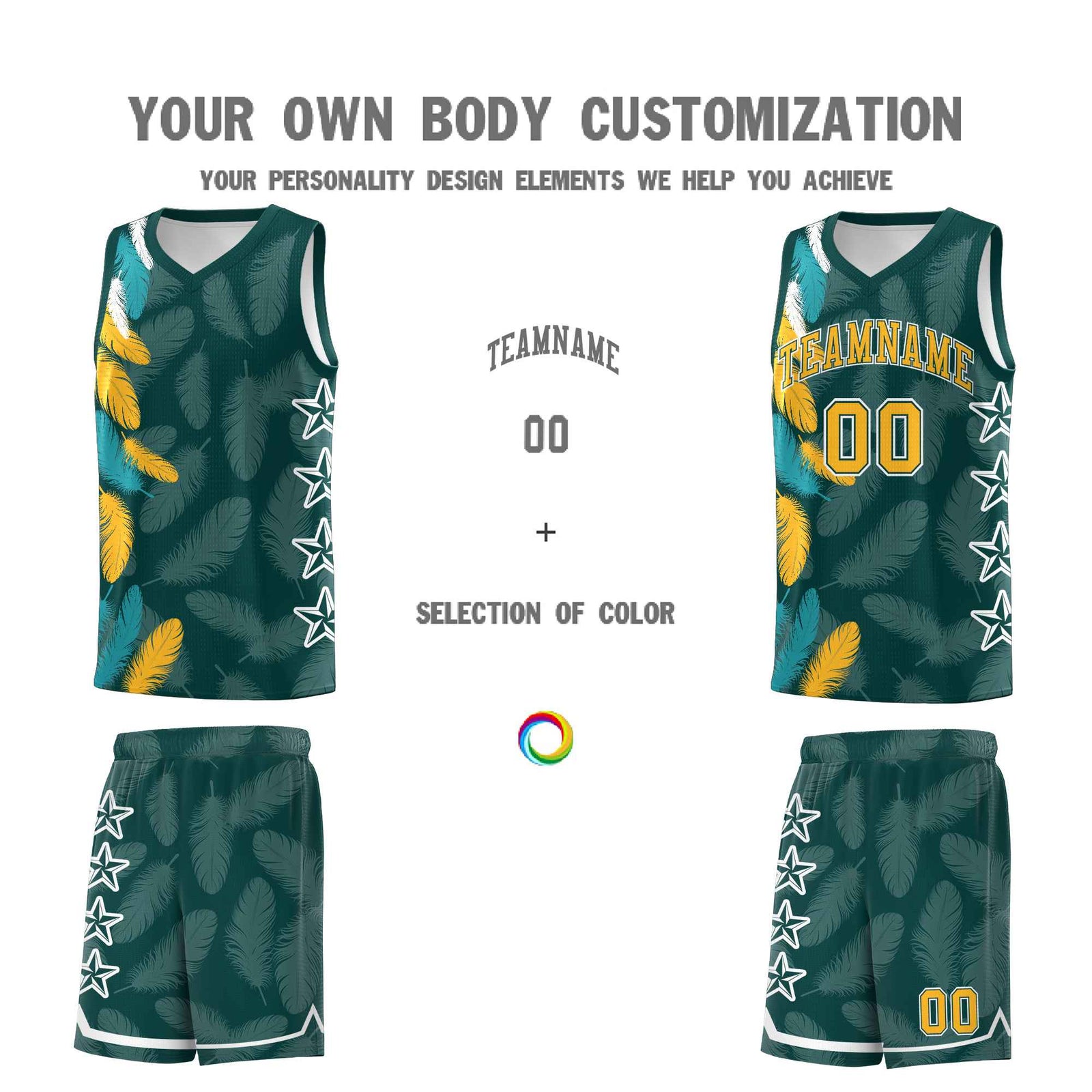 Custom Youth Basketball Jersey Midnight Green Gold Feather Series Sports Uniform