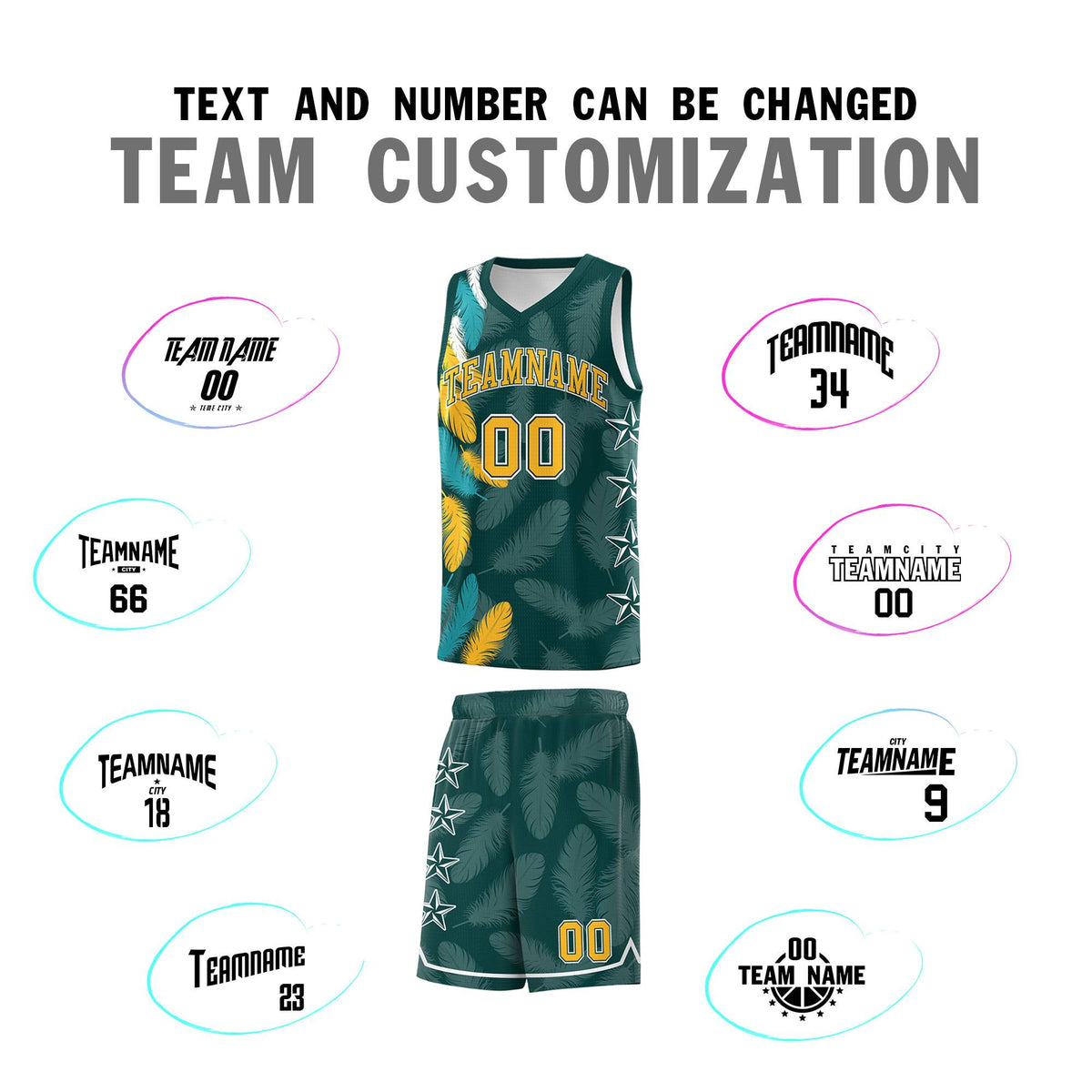 Custom Youth Basketball Jersey Midnight Green Gold Feather Series Sports Uniform